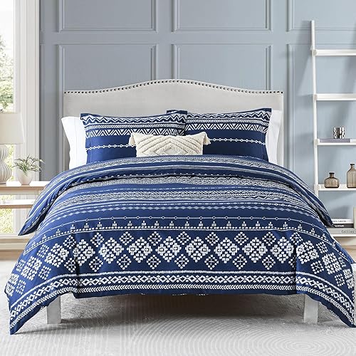 Miniatura 23 de CozyDH Juego de funda de edredón bohemio a rayas grises tamaño Queen, 3 piezas, 100% algodón, ultra suave, transpirable, funda de edredón azteca con
