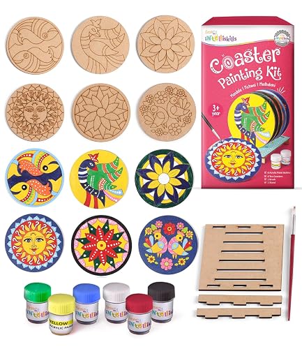 Intelliskills 3-in-1 Premium Tea Coaster Painting Kit for Kids–DIY Mandala, Madhubani&Pichwai Art–Non-Toxic, DIY Art&Craft Kit with Brush&Stand for 3+ Years, Painting Kit for Girls&Boys, Birthday Gift