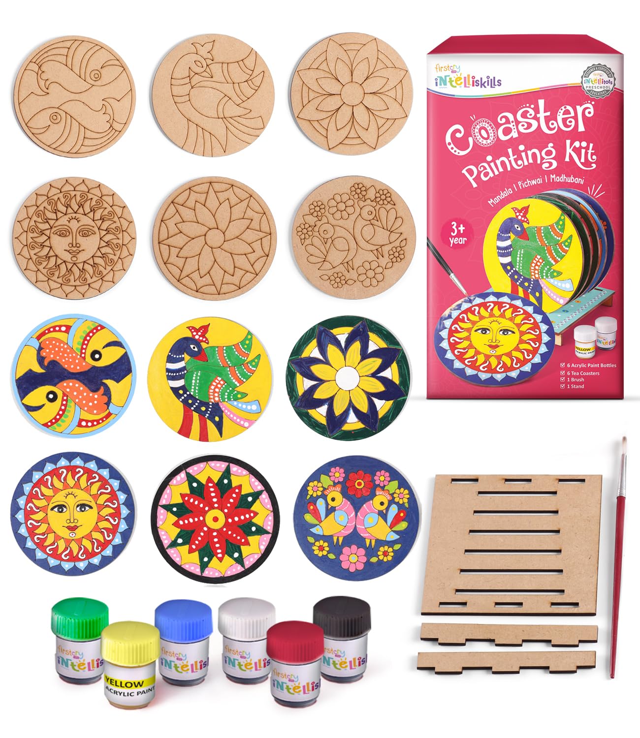 Intelliskills 3-in-1 Premium Tea Coaster Painting Kit for Kids–DIY Mandala, Madhubani&Pichwai Art–Non-Toxic, DIY Art&Craft Kit with Brush&Stand for 3+ Years, Painting Kit for Girls&Boys, Birthday Gift