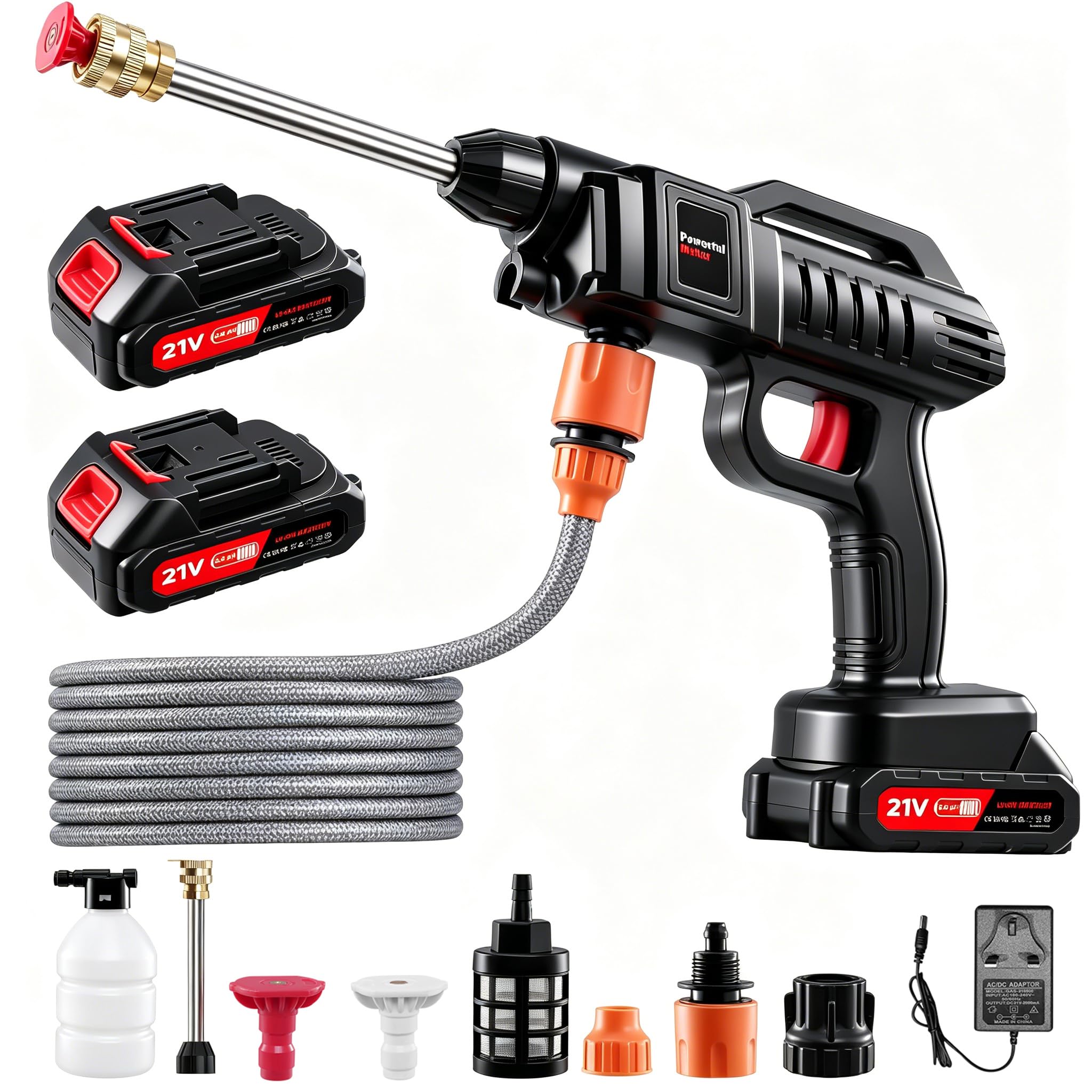 Worshow Cordless Pressure Washer, 21V 1500W Portable Pressure Washers, 60Bar/870 PSI High Power Washer Machine, Jet Washer with 2 Nozzles, 2 Battery, 5m Hose Wash Cleaner Kit for Car/Floor/Outdoor