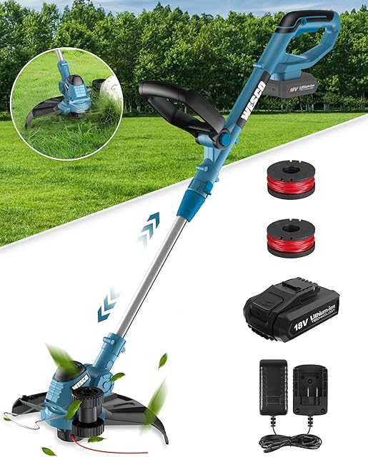 Cordless Grass Trimmer, WESCO 2 in 1 Electric String Trimmer/Edger 18V with 2.0Ah Battery, Cutting Diameter 300mm, Automatic Line Feed System, 180°Adjustable Handles 90°Head Pivots with Spacer Guard