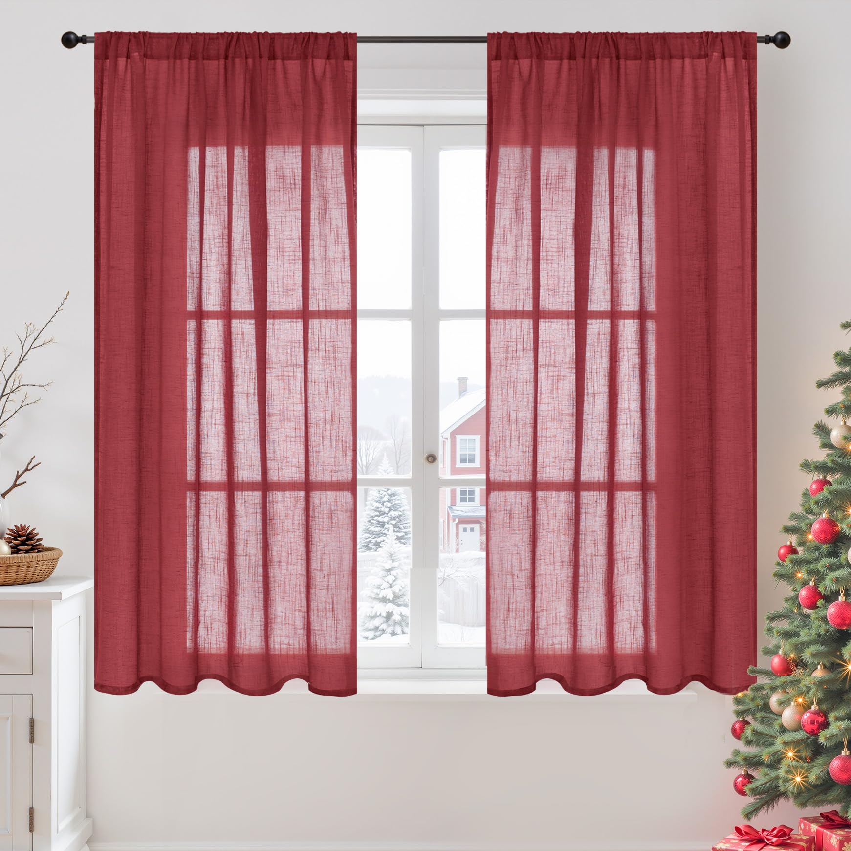 BGment Semi Sheer Curtains 48 Inch Length for Kitchen Window, Burgundy Linen Drapes Lightweight Rustic Textured Rod Pocket for Small Bedroom Living Room Party Decor, 2 Panels Set, Each 42 Inch Wide