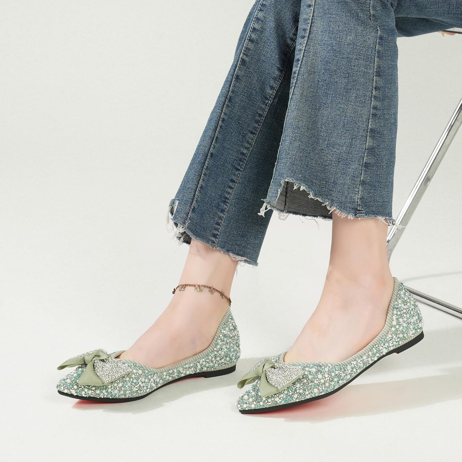 Flats Shoes Women Rhinestone Wedding Flats Pointed Toe Ballet Flat Shoe Low Heel Dress Shoes Sparkly Flats for Women - Image 2