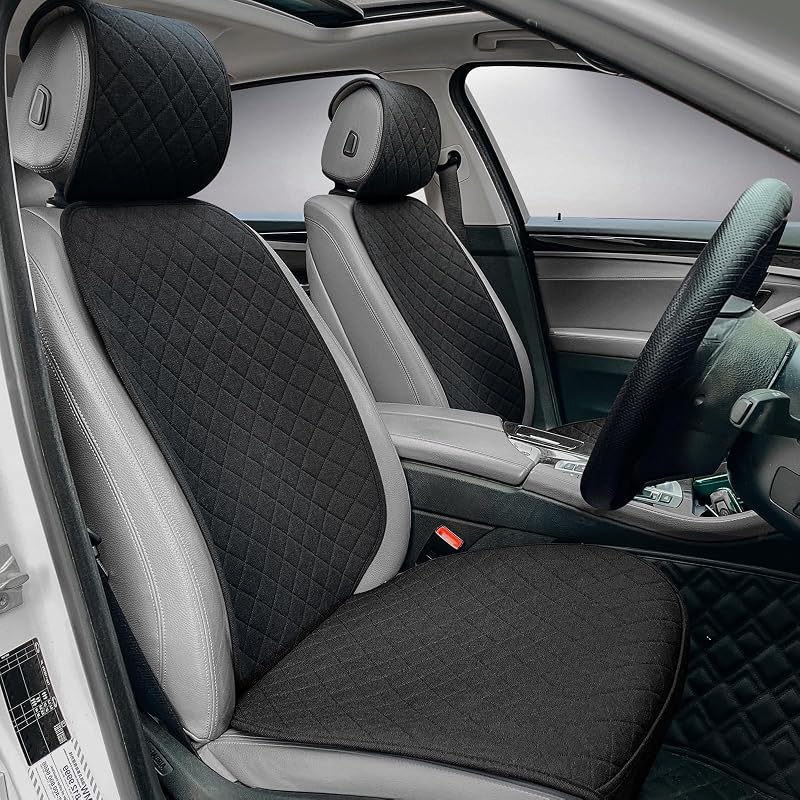 BOPUOVRE Linen Front Car Seat Covers Breathable Fabric | Car Seat Protector Universal Fit Cars Vans SUVs Trucks 2 Units Black