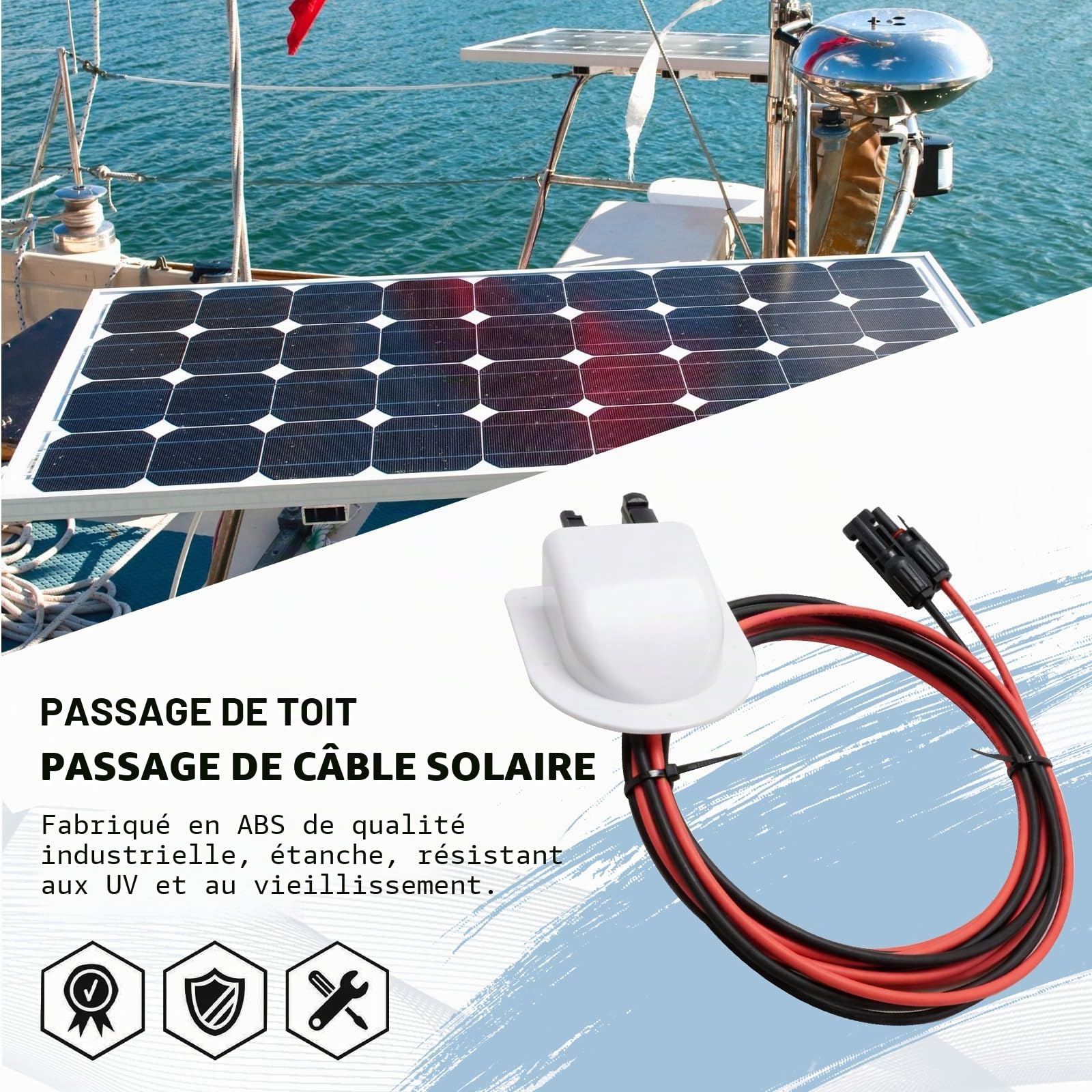 Hoypeyfiy Passe-câble solaire de toit, connecteur de câble de panneau solaire ABS étanche, double entrée de câble avec câble solaire de 3 m, pour camping-cars solaires