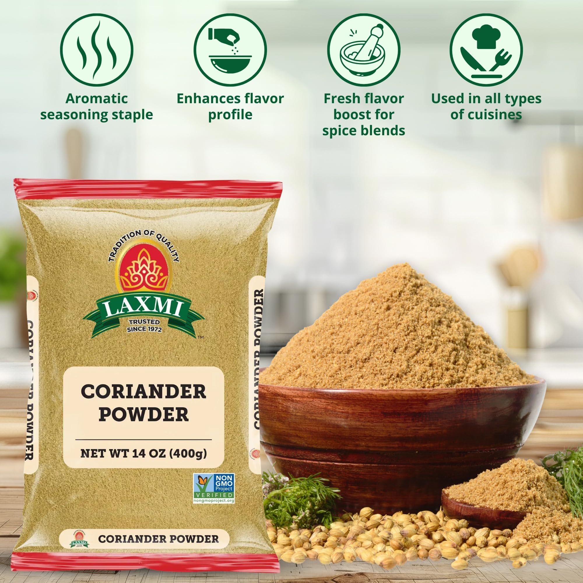 LAXMI Coriander Powder 14 Oz -Non-GMO - Free of Adulterations - Natural Ground Coriander - Premium Quality and High Value