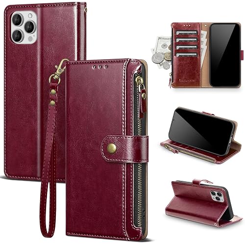 Compatible with iPhone 12 Pro Max Wallet Case with Card Holder RFID Blocking Zipper PU Leather Flip Phone Case with Wrist Strap Credit Card Slots Men Women,for Apple 12 Pro Max,Wine Red