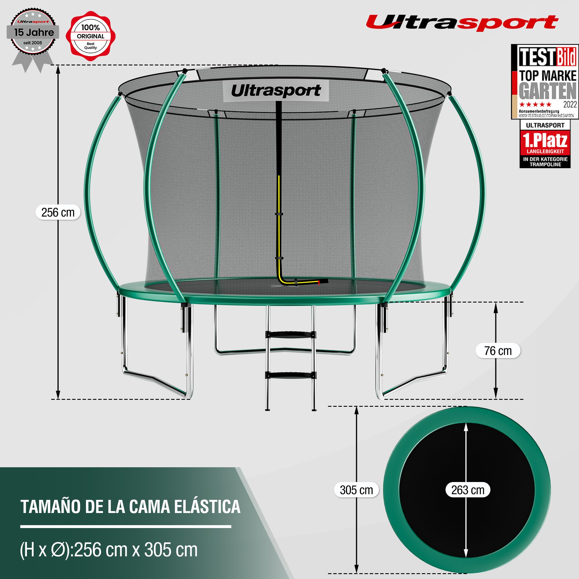 Ultrasport Deluxe Cama Elástica para Niños Exterior y Interior Ø 244/305 / 366/430 cm hasta 150 kg con Red de Seguridad, Acolchado, Escalera y Kit de Montaje I Trampolines para Niños