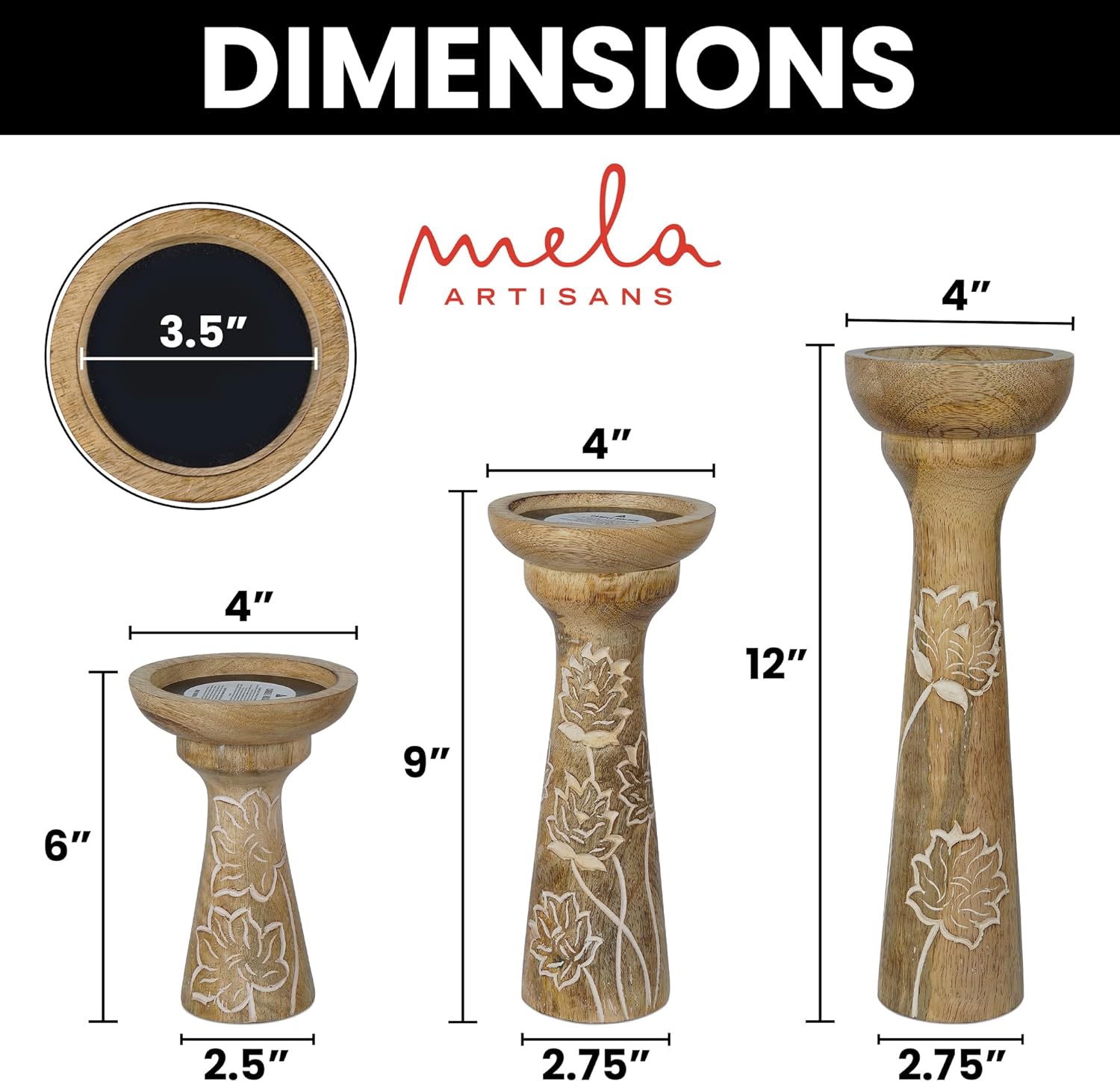 Lotus Vine Candle Holders for Pillar Candles (Whitewash, Set of 3) - Mango Wood Candle Holder Set - Wooden Candle Holders Pillar for Table Centerpiece - Modern Candle Stand - 6", 9", 12"