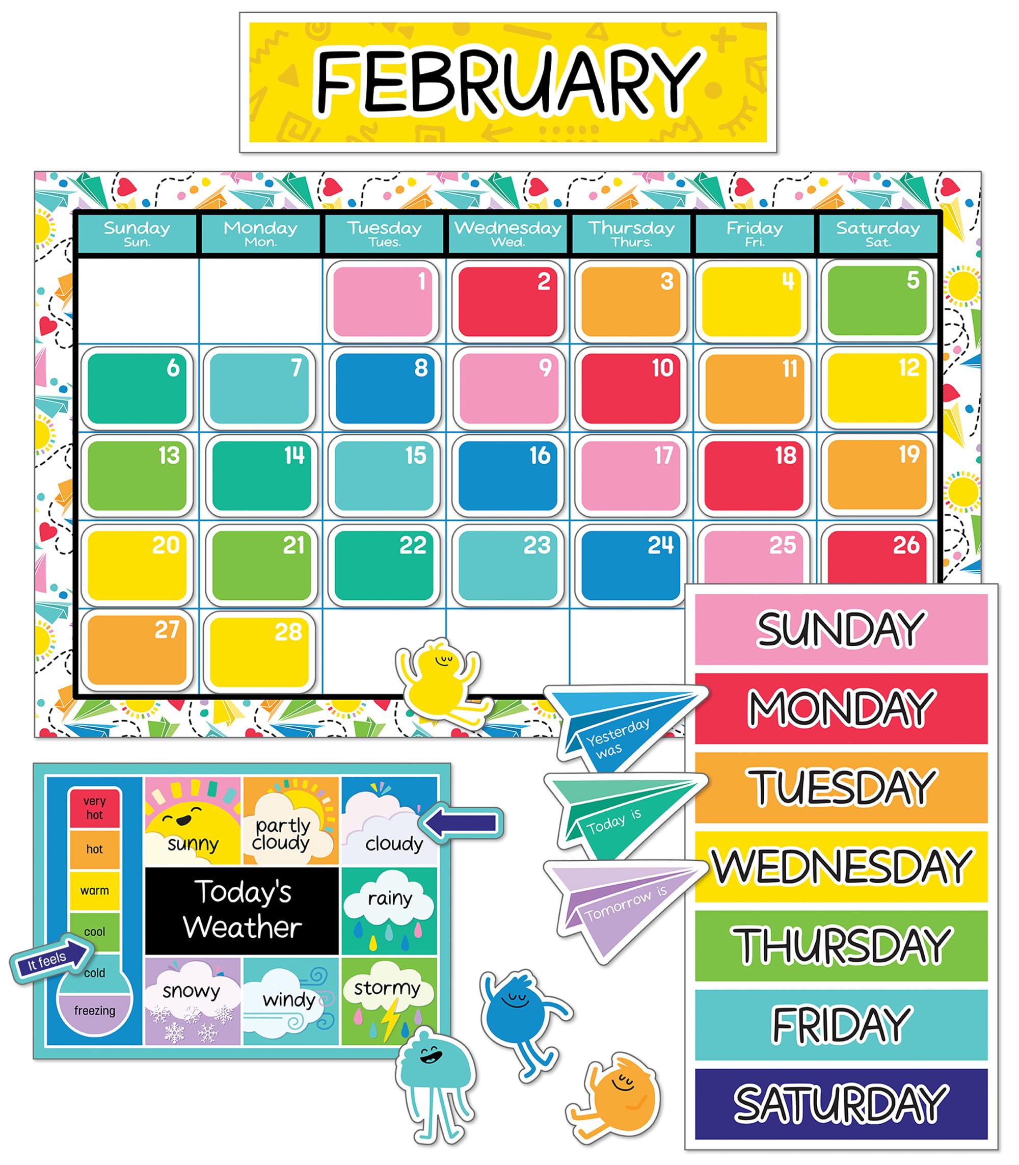 Carson Dellosa Happy Place 139 pc Set Calendar, Monthly Headers, Birthday, Holidays, Numbers Cover Ups, Seasons, Weather, and Days of The Week Chart