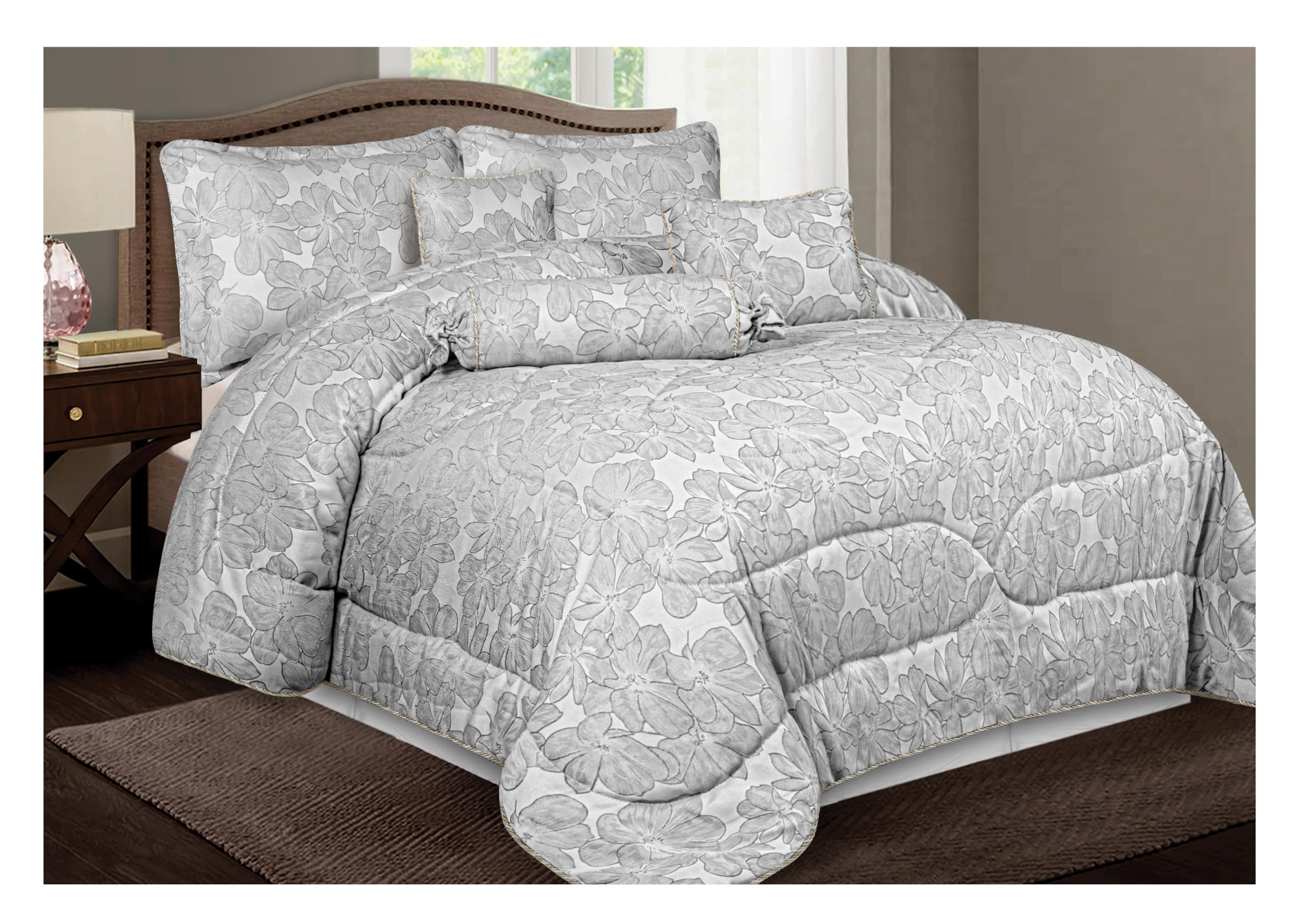 Opulent Living 7-Piece Jacquard Floral Comforter Bedding Set – Includes Bedspread, Valance Sheet, Pillow Shams, Cushion Cover, Decorative Pillow & Neck Pillow (Grey, Super King, Petal)
