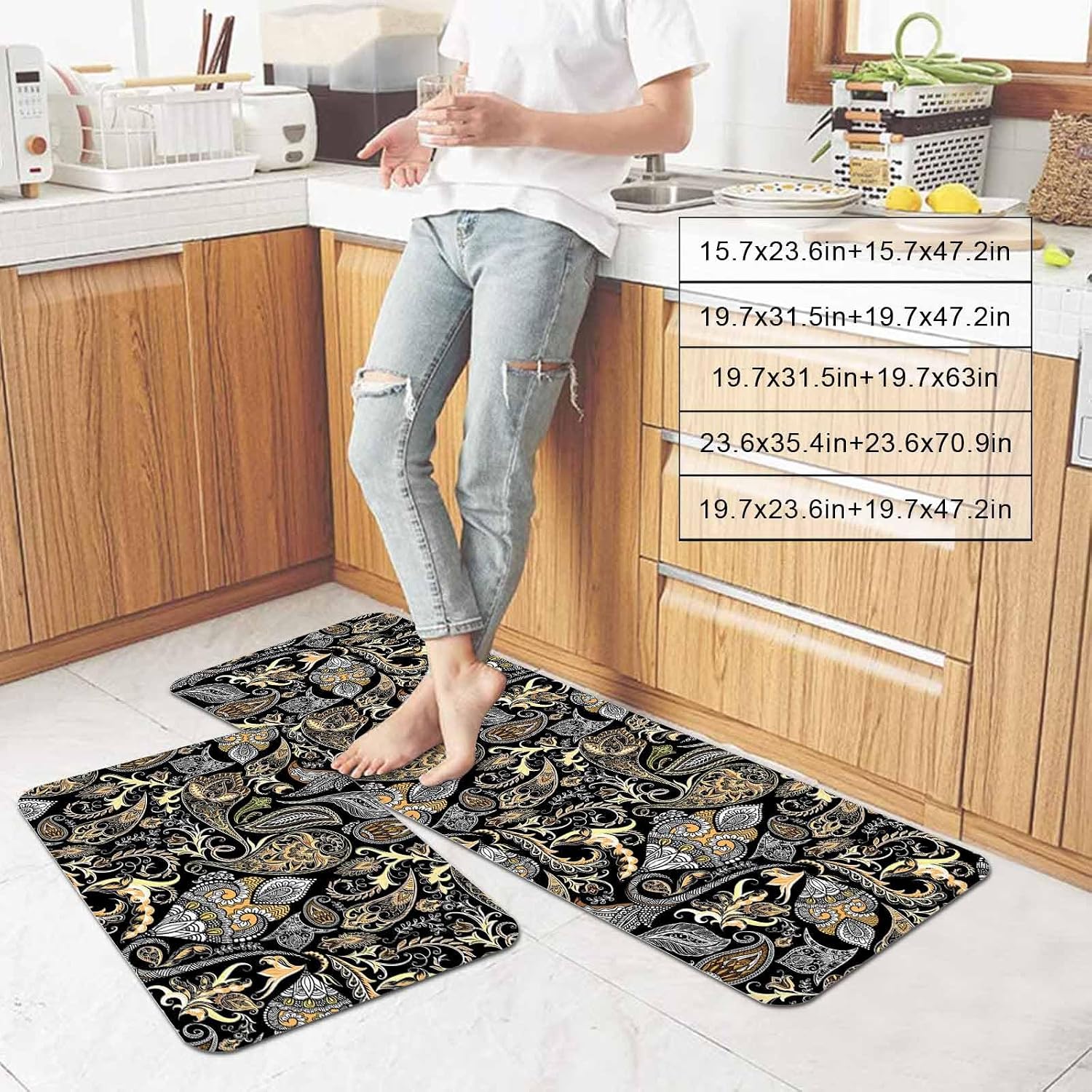 Prime Leader Abstract Flowers Kitchen Mat Set 2 Pieces Retro Paisley Floral Pattern Black Yellow Non Slip Kitchen Rugs Washable Runner Rug Mats for Sink Laundry (19.7" x 31.5"+19.7" x 63")