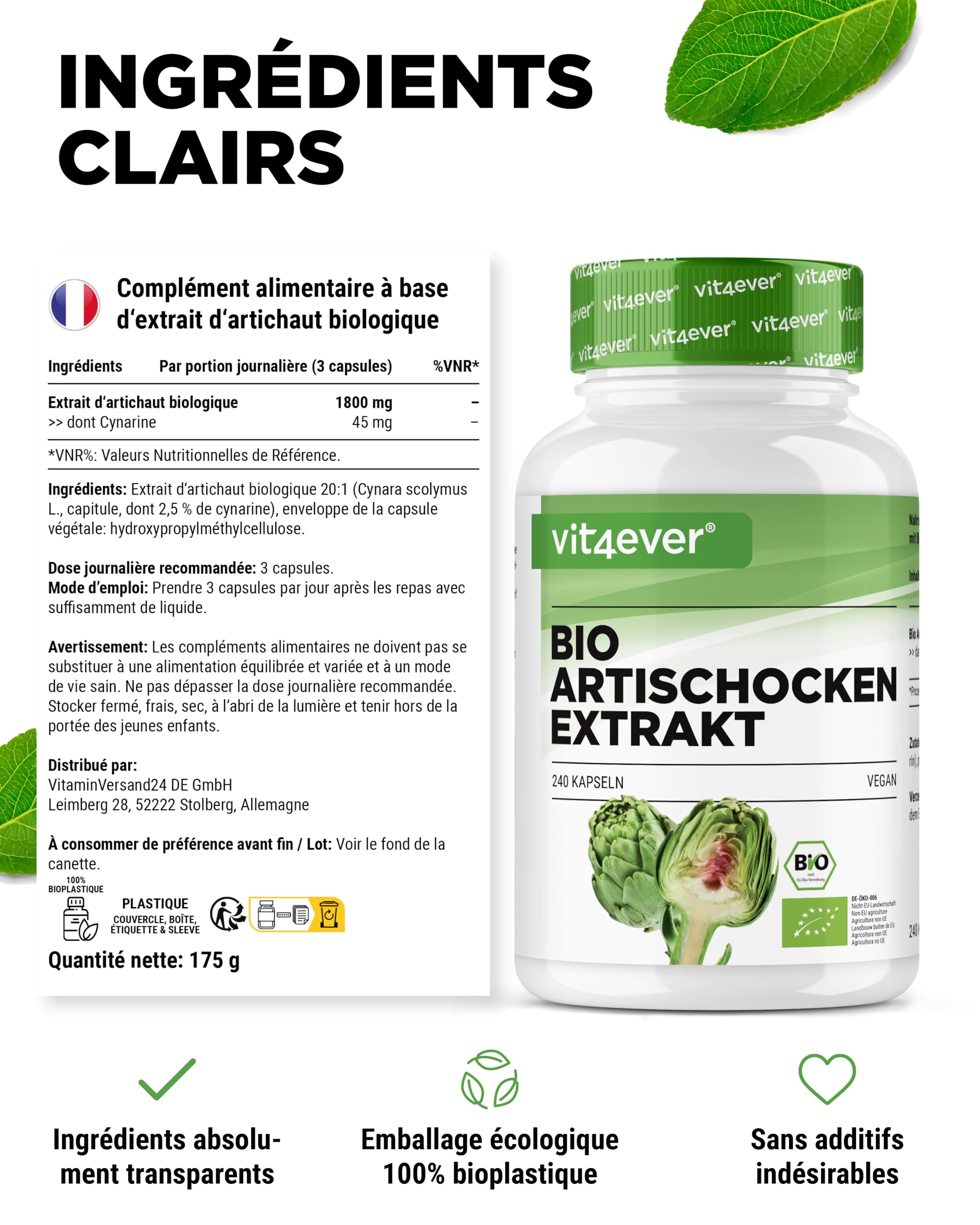 vit4ever Extrait d'Artichaut Bio - 240 capsules - 1800 mg par Dose Journalière (2,5% Cynarine) - Véritable Extrait d'Artichaut 20:1 - Qualité Bio - Hautement Dosé - Vegan