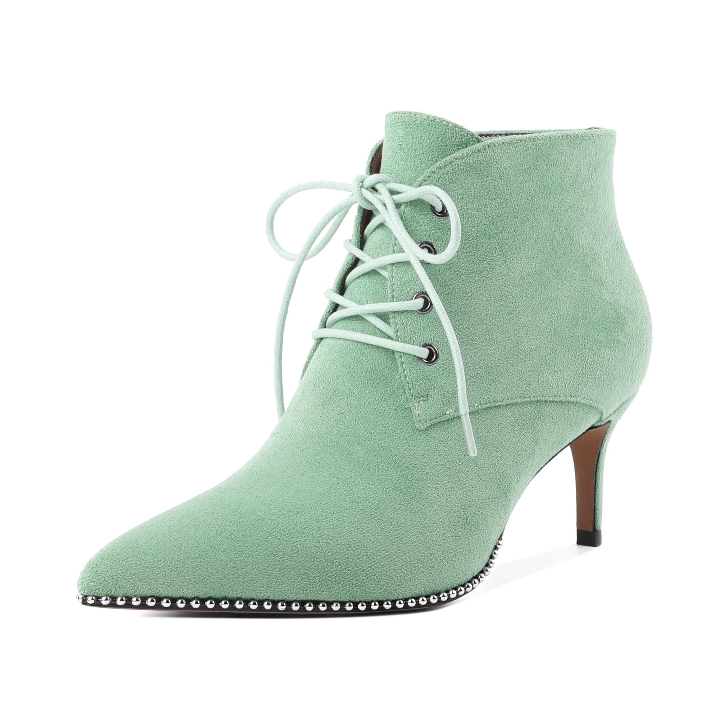 AUMOTED Women Ankle Boots Beaded Pointed Toe Kitten Low Heel Ankle Bootie with Side Zipper Lace Up Short Boot 2.5 Inch Casual Comfortable Dress Boots