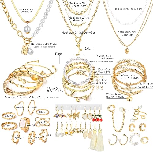 Miniatura 8 de 17IF Juego de 36 joyas doradas con 8 anillos 6 collares 12 pulseras y 10 aretes para mujeres y niñas paquete de joyas de moda para aniversario