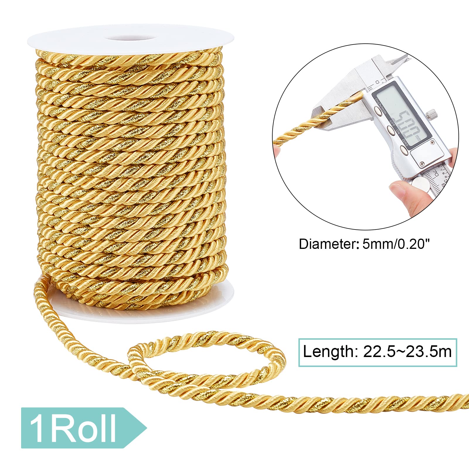 PandaHall Corda Intrecciata Oro 5mm, 18m, In Poliestere, Per Decorazioni Natale E Fai Da Te