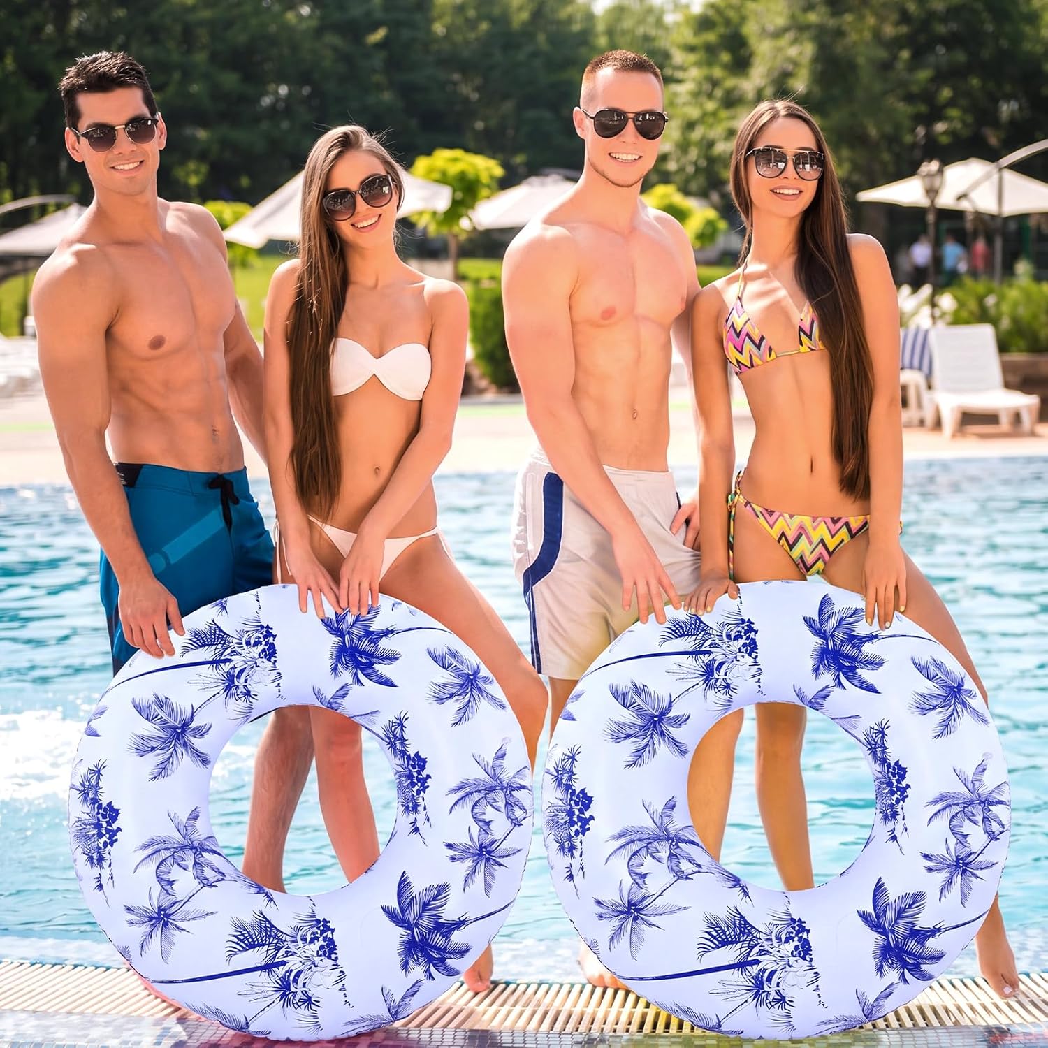 2 Pcs 42.5 Inch Chinoiserie Inflatable Pool Floats for Adult, Large Blue White Swimming Pool Tubes Rings for Summer Lake Beach Sports Themed Party Decorations