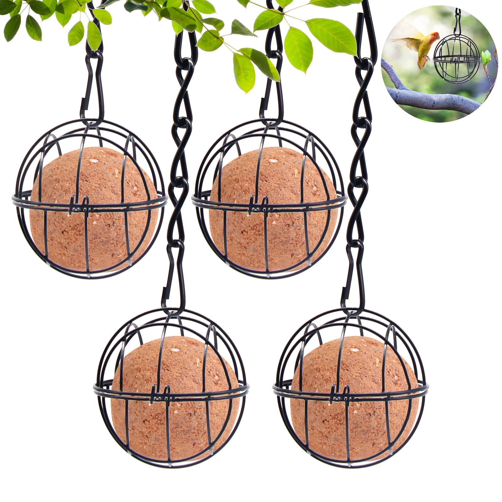 Fengyang 4Pcs Comedero para pájaros con Bola de Grasa,Metal Negro,Comedero Colgante para pájaros con Tapa abatible,Alimenta a los pájaros Silvestres,para Decorar el balcón del jardín
