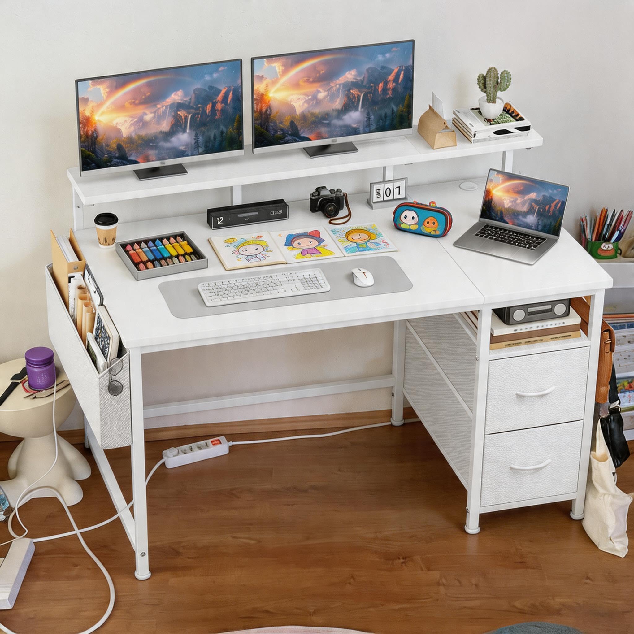 120x48 cm Rechteckig Schreibtisch mit 2 Schubladen, 1 Hängeorganizer, Monitorständer, Kabeltüllen,3-Verstellbare Höhe,Umkehrbar Ergonomisch Computertisch für Homeoffice,Studieren,Gaming,Weiß