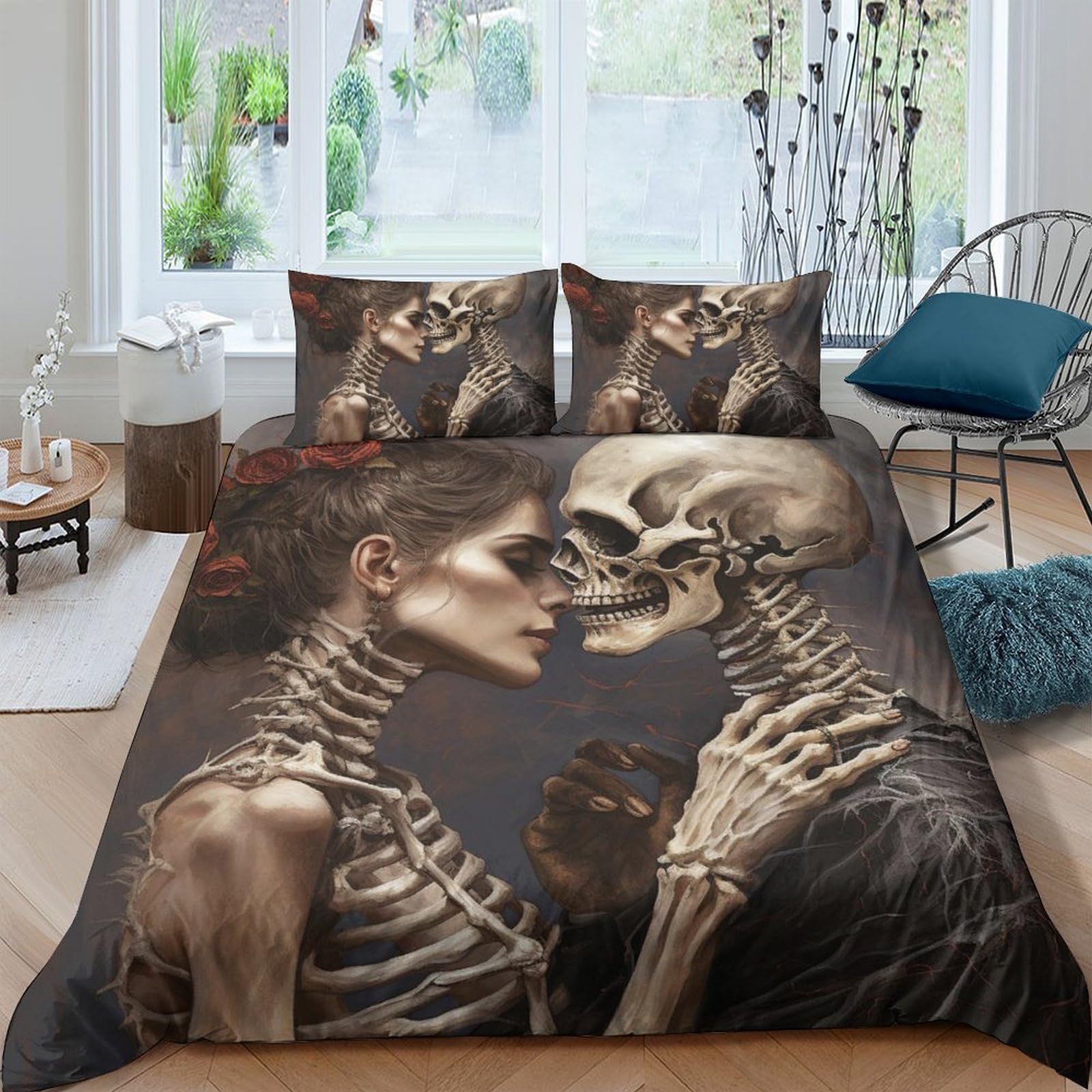 Ctjqhvkz Style-3 3D Printed Skeleton Couple Fitted Sheet Microfiber Gothic Skull Bed Cover For Bedroom Dorm Mattress Decoration Single（135X200cm）