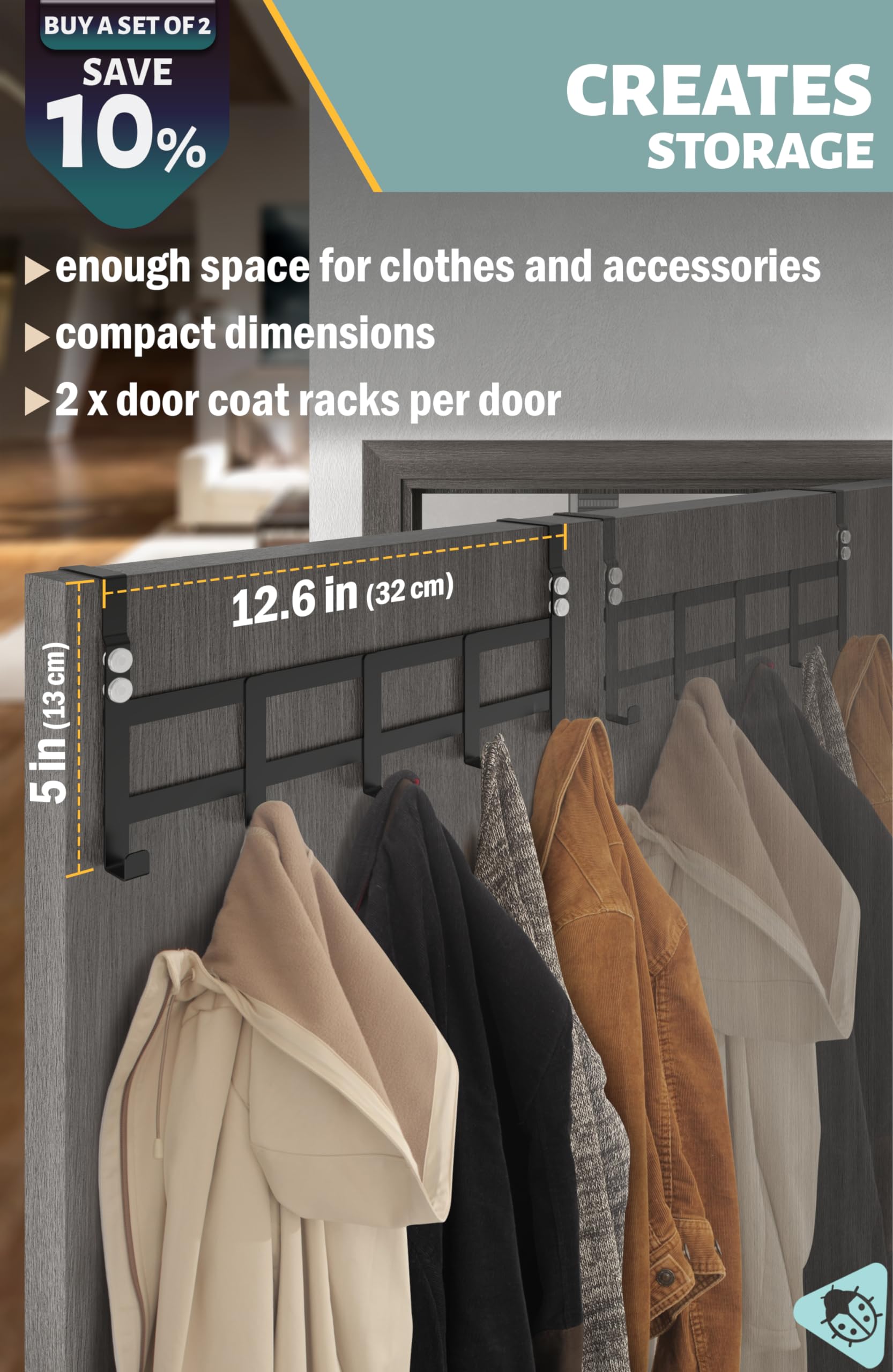 Menz Over Door Hanger, Black Coat Hanger for Door Depth 4.1 cm (1.6") & 3.6 cm (1.4"), Coat Hanger - Image 4
