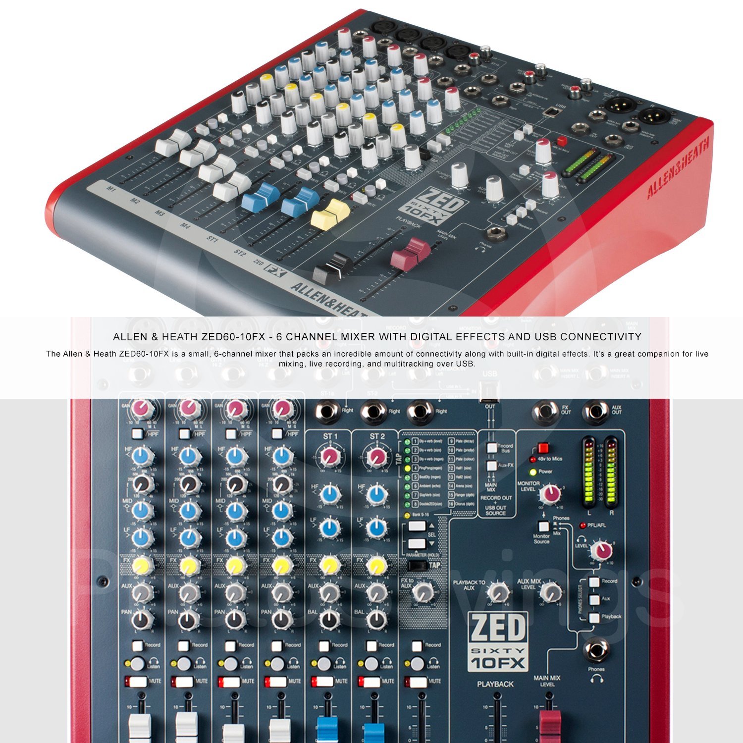 Allen & Heath ZED60-10FX 6-Channel Mixer with Digital Effects and USB I/O + Basic Bundle w/Headphones, 6X Cables, Fibertique Cloth