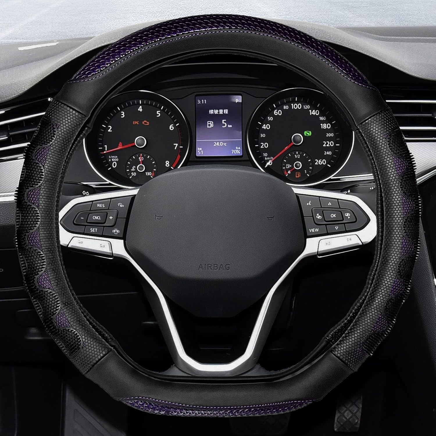 Car Steering Wheel Cover 15 Inch Steering Wheel Cover Men Woman Anti-Slip Leather & Silicone 3D Honeycomb Design Universal Great Grip Bling Steering Wheel Wrap for Cars Truck SUV(Purple)