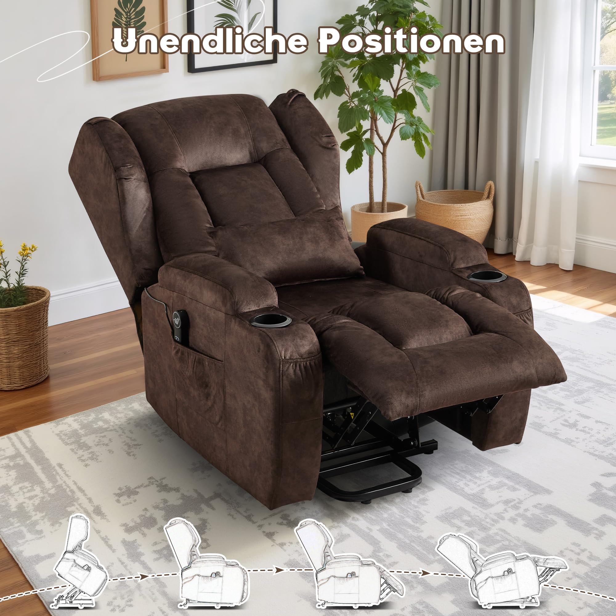 Fernsehsessel mit Aufstehhilfe Elektrisch, Relaxsessel mit Liegefunktion, Massagesessel mit Massage Wärmefunktion Seniorensessel für Senioren, 2 Seitentaschen und Getränkehalters (Samt Braun)