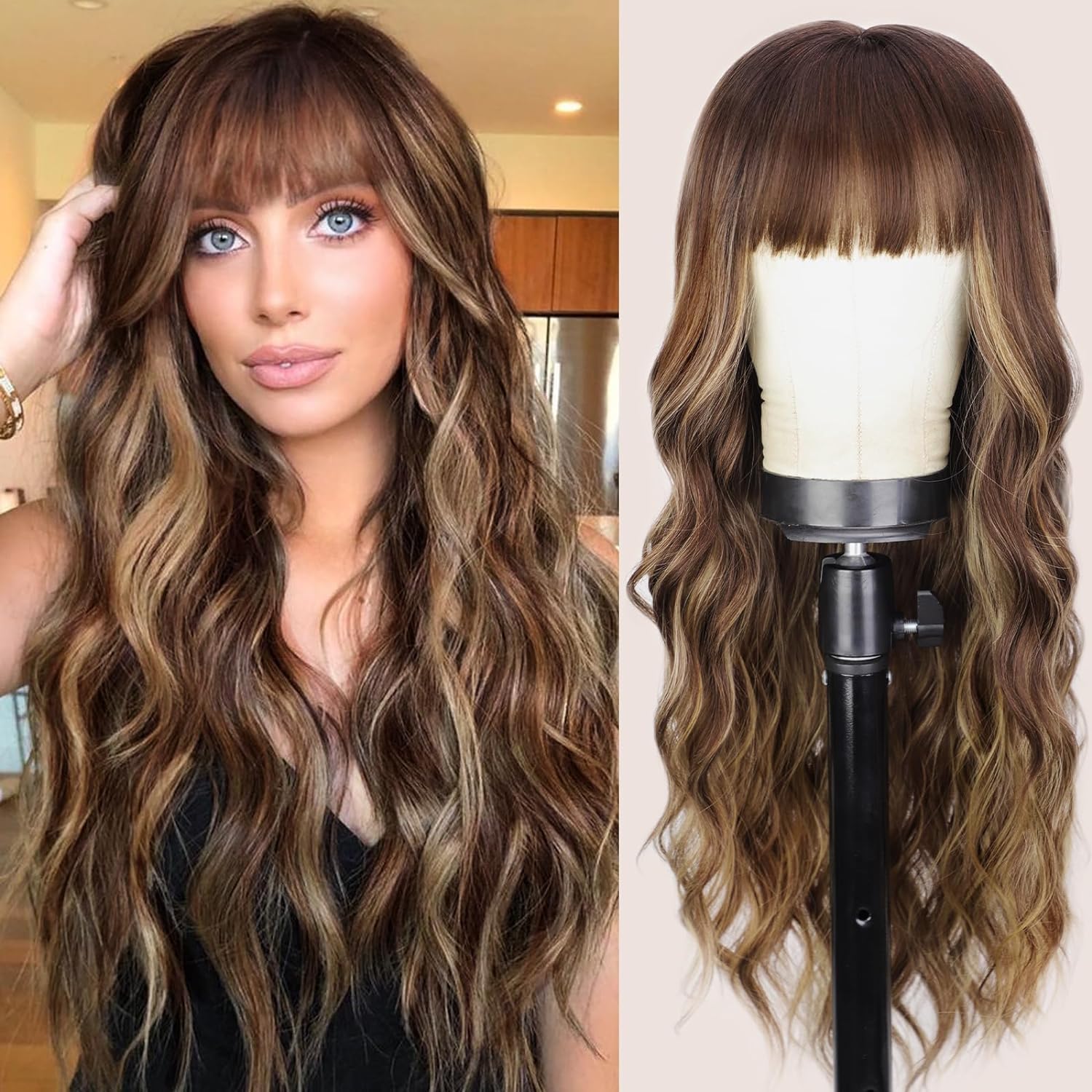 Brown Wig With Bangs, Long Wavy Brown Mixed Blonde Highlight Wig, with Dark Roots, Ombre Natural Curly Synthetic Resistant Fiber Wigs, for Women Daily Party Use, 28 Inches