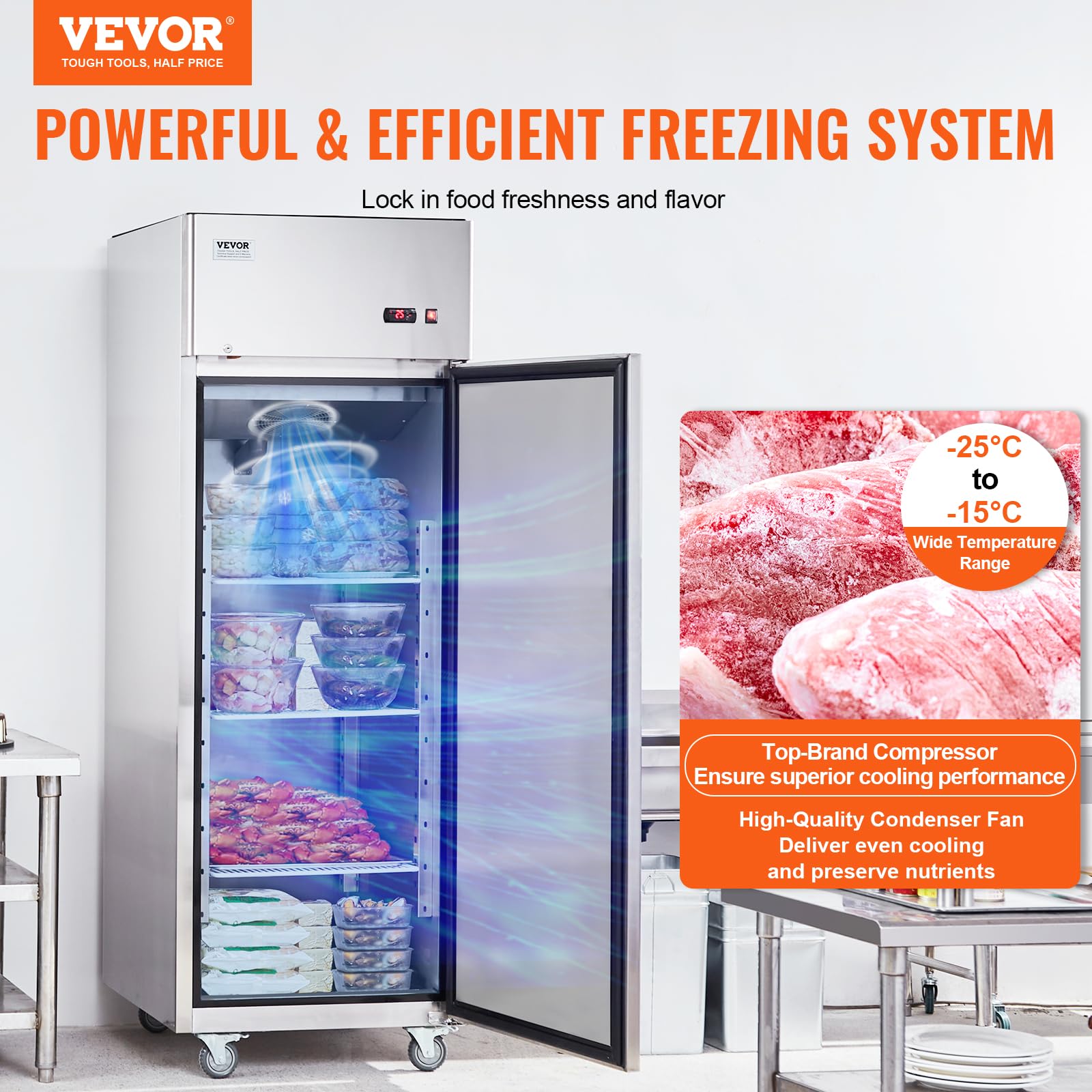 VEVOR Congelador Comercial de 570 L, Congelador Vertical de Una Sola Puerta, Congelador de Acero Inoxidable con Descongelación Automática con 3 Estantes Ajustables, -25 a -15 °C, 685 x 800 x 2110 mm
