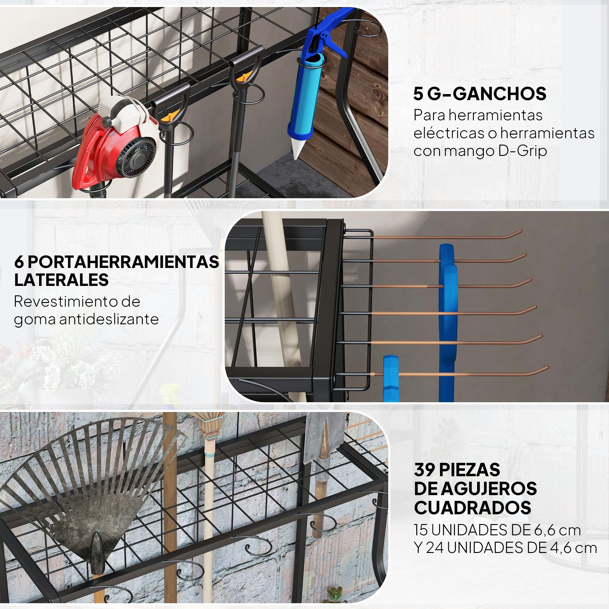 Outsunny Organizador de Herramientas de Jardín, Estantería de Almacenamiento de 3 Niveles para Garaje con Ganchos, para Palas, Rastrillos, Escobas, Soporte de Metal