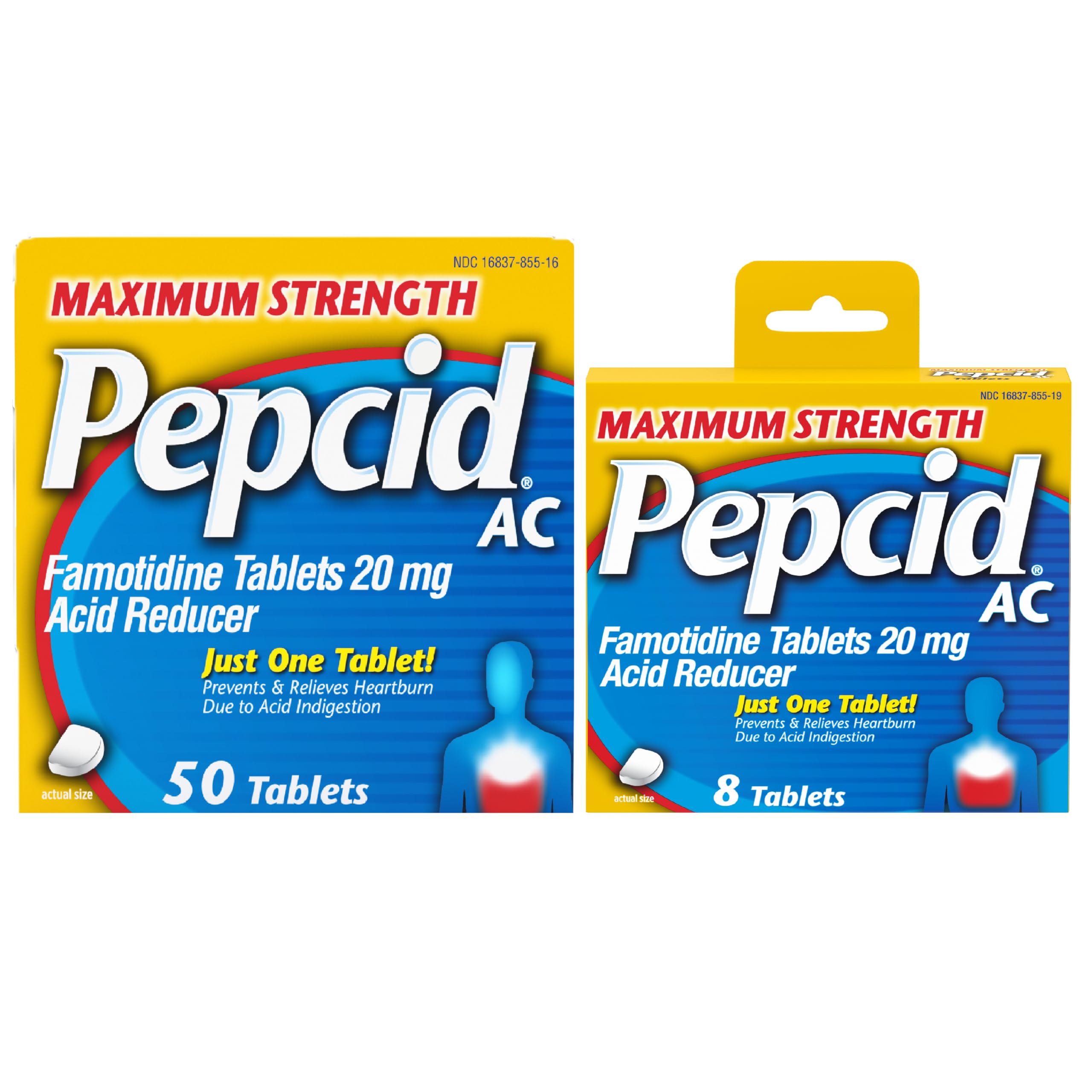 Pepcid AC Maximum Strength Heartburn Relief Tablets, Famotidine 20mg Acid Reducer, Fast-Acting Antacid, Helps Prevent & Relieve Heartburn from Acid Indigestion, 50 ct Pack & 8 ct Travel Pack