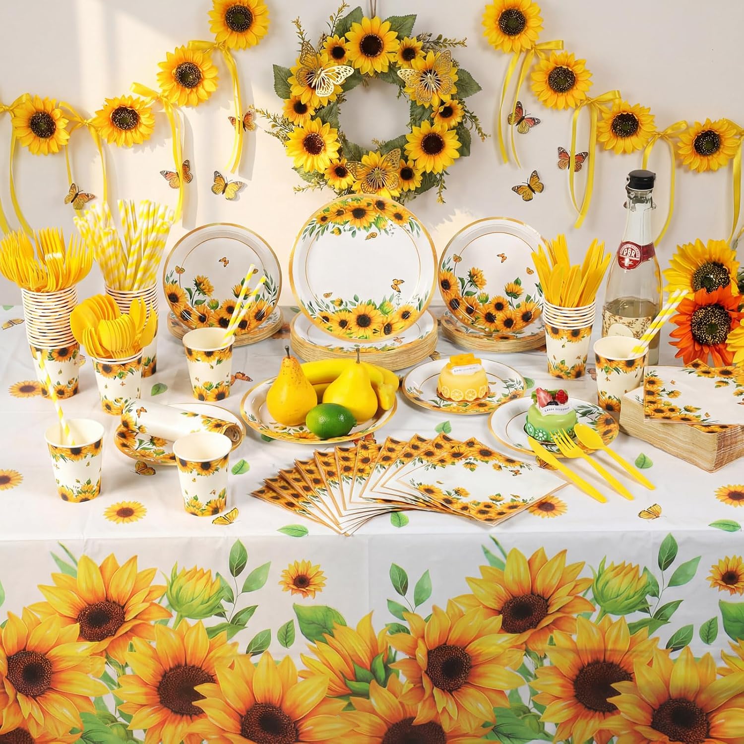 452 Pcs Sunflower Party Supplies for 50, Yellow Sunflower Paper Plates Napkins Cups Tablecloth Cutlery Straws for Birthday Wedding Bridal Shower Baby Shower Floral Party Decorations