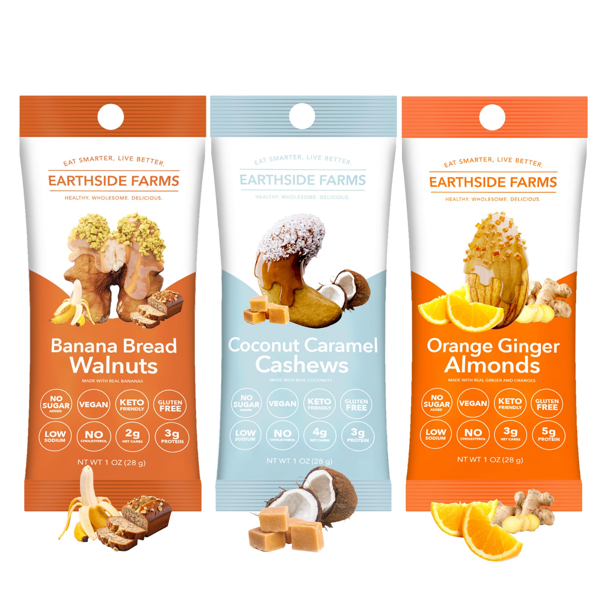 Earthside FarmsTropical Variety Pack, Banana Bread Walnut, Coconut Caramel Cashews, Orange Gingner Almonds, Candied Nuts, Trail Mix, 1.5oz Grab & Go Bags (6pk)