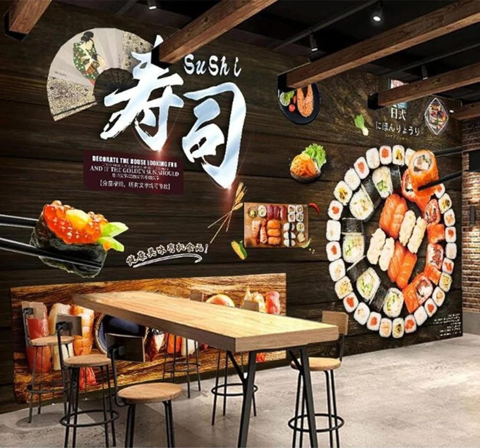 XLMING Vintage Wooden Shelf Sushi Dining Room Kitchen 3D Wallpaper Premium Textured Silk Study Dining Living Room Bedroom Sofa TV Wall Easy Install-350cm×256cm