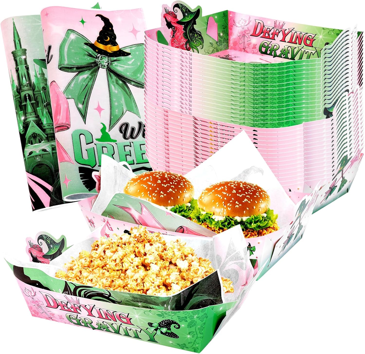 Wicked Birthday Decorations 50 PCS Paper Food Tray and 100 PCS Deli Paper Sheets for Pink and Green Birthday or Witch Halloween Party, Foldable Disposable Food Boats for Nachos, Hot Dogs Popcorn 50 Food Tray and 100 Deli Paper