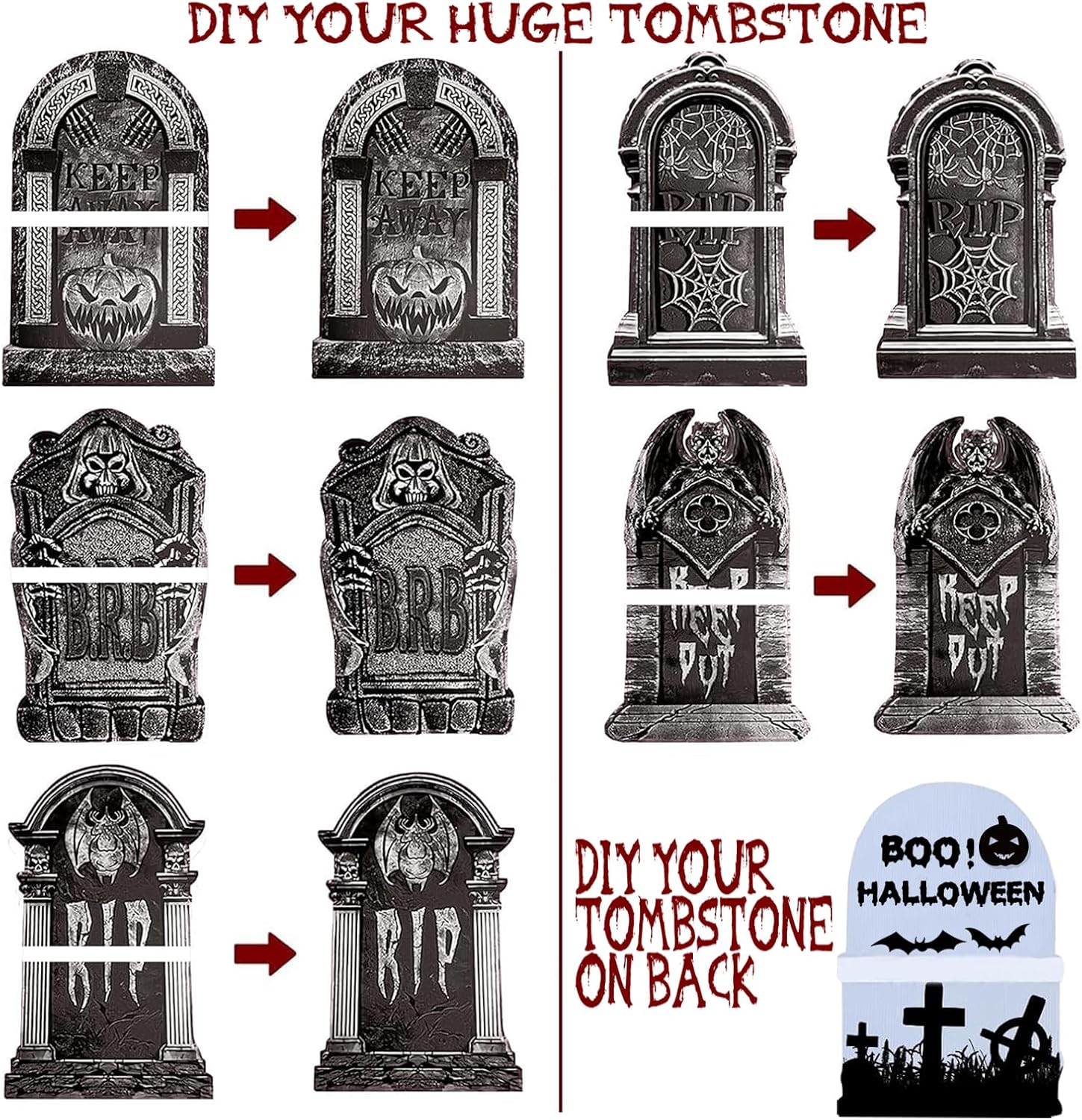 23.62in Halloween Tombstones Yard Sign, 5 PCS Large Tombstones Gravestone DIY Halloween Decor RIP Lawn Signs with Stakes, Outdoor Yard Decoration