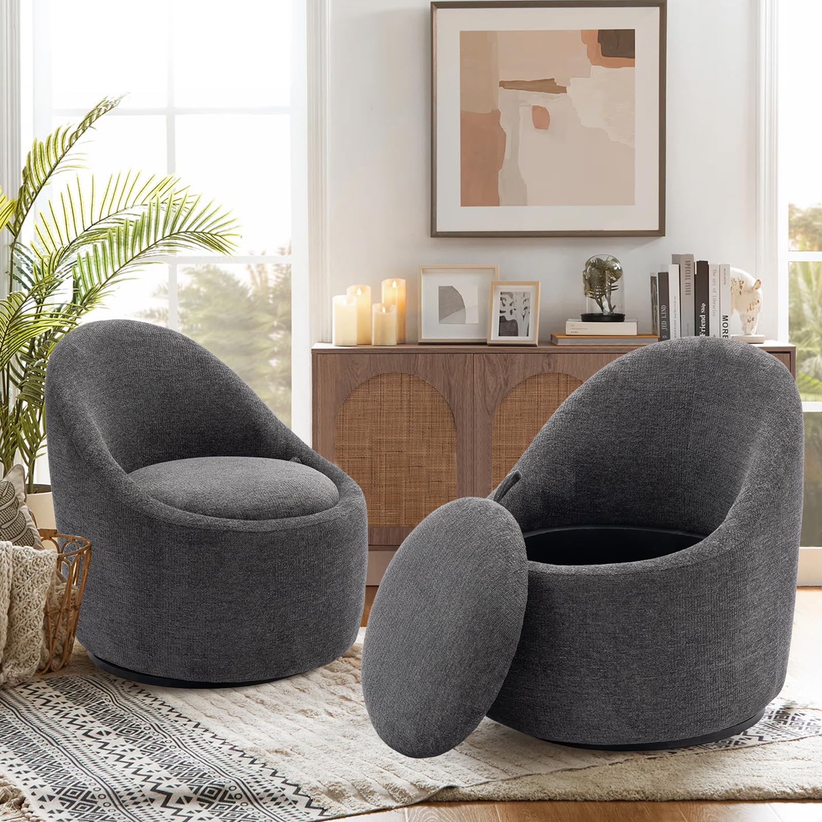 COLAMY Swivel Accent Chair Set of 2, 360° Swivel Chair with Hidden Storage, Modern Small Barrel Swivel Armchair for Living Room/Bedroom, Dark Grey