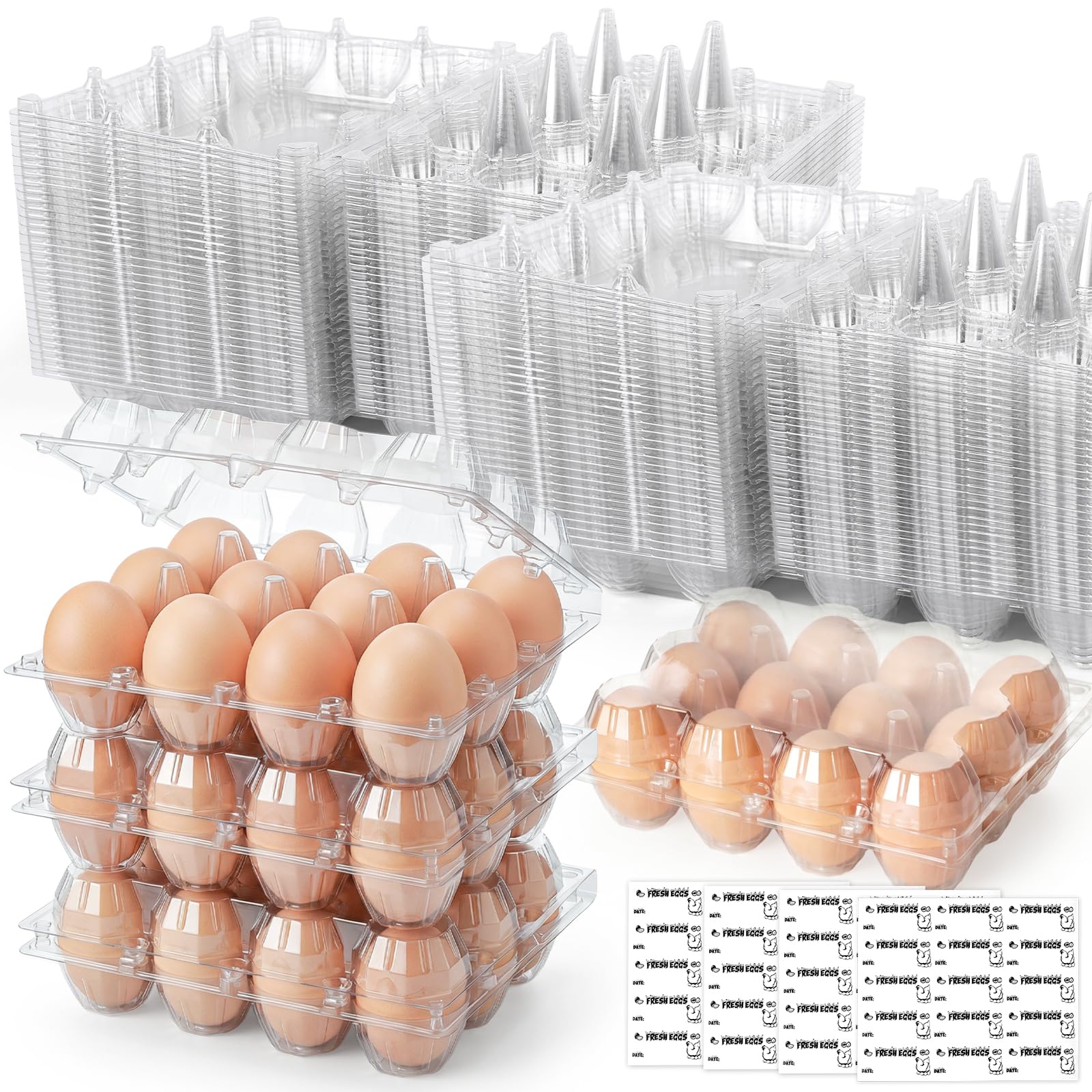 LOVEINUSA 60 Pack 12-Count Clear Plastic Egg Cartons with 60 Date Labels, Reusable PET Dozen Egg Holders for Medium Chicken Eggs, Clamshell Cartons for Farm, Home Fridge & Market Display