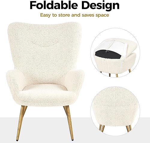 Miniatura 5 de Topeakmart Silla decorativa, silla de tapicería Boucle moderna de mediados de siglo con patas de metal en tono madera y respaldo plegable para sala