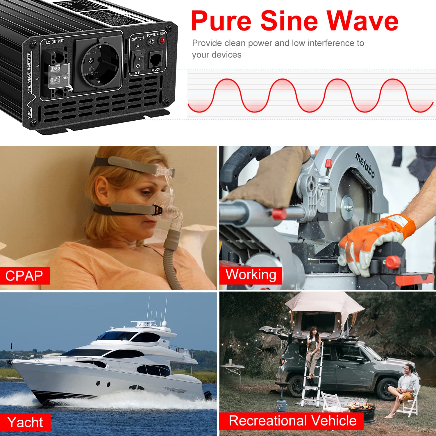 Inversor de Corriente sinusoidal Puro de 3000W con Mando a Distancia y Pantalla LCD Digital DC 12V a CA 230V 50Hz (DC12V (Alcance 10V-15V) 3000W)