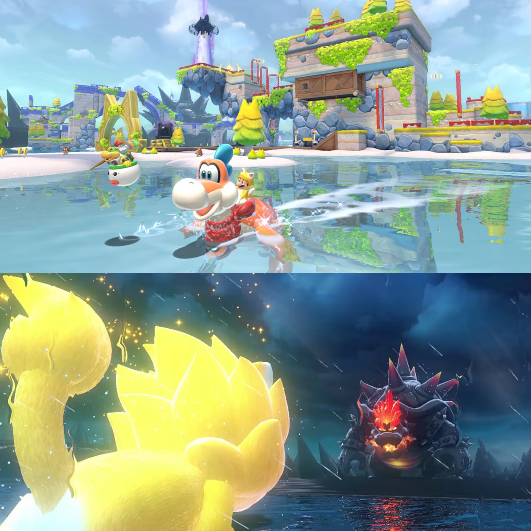 Super Mario 3D World + Bowser's Fury per Nintendo Switch, con impugnature per pollice PremGear (confezione da 8 - nero, blu, rosso e trasparente), porta carte da gioco a 24 slot e panno di pulizia