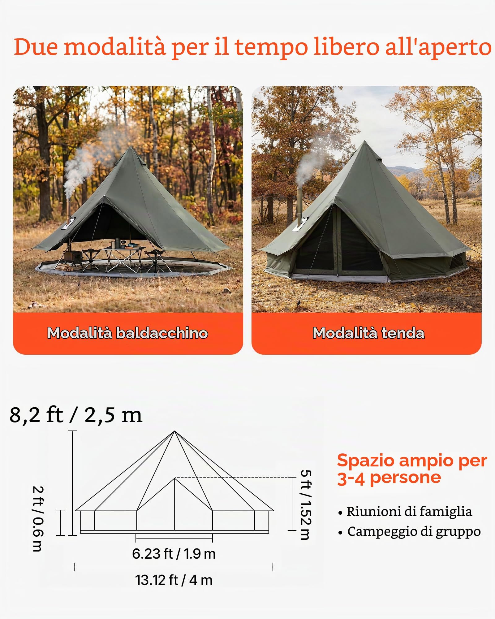 VEVOR Tenda a Campana in Tela 4 Stagioni 4 m per Campeggio, Tenda a Yurta con Presa per Stufa, Tela Traspirante, Max 4 Persone, con Pavimento Staccabile e Cerniera, per Gite Escursioni Vacanze Gruppo