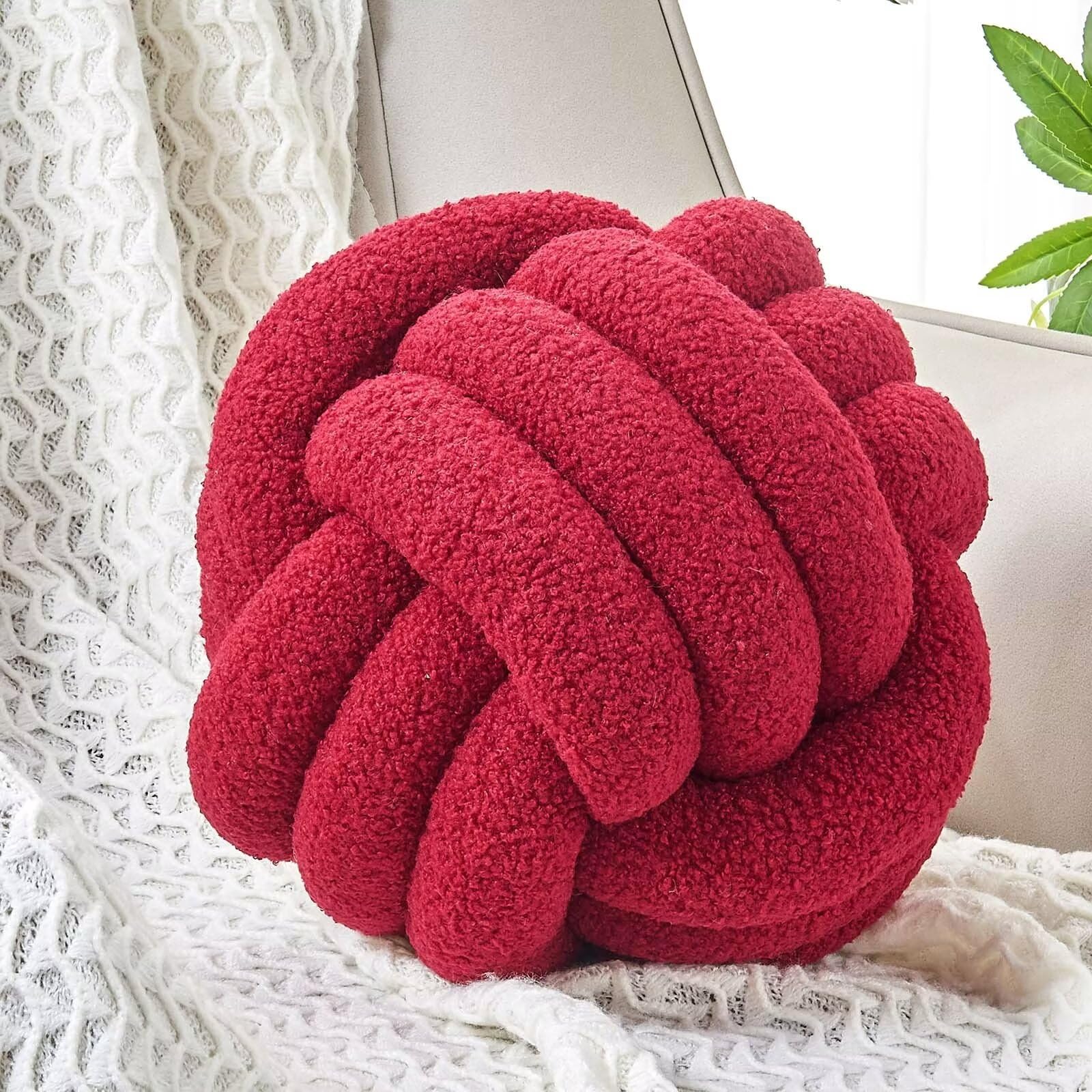 Uvvyui Knot Pillow Ball, Soft Home Decorative Pillows, Round Throw Pillow, Handmade Knotted Plush Pillow, Round Boucle Pillow Cushion (11 Inches Burgundy)