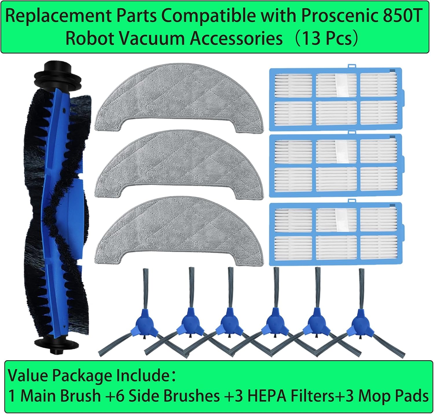 Replacement Spare Parts for Proscenic 850T Robot Vacuum 1 Main Brush 3 Pair Side Brush 3 Filter 3 Mop Pad Accessories (13 Pack)
