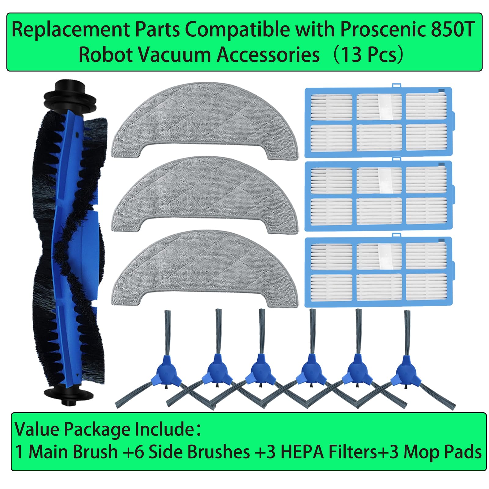 Replacement Spare Parts for Proscenic 850T Robot Vacuum 1 Main Brush 3 Pair Side Brush 3 Filter 3 Mop Pad Accessories (13 Pack)