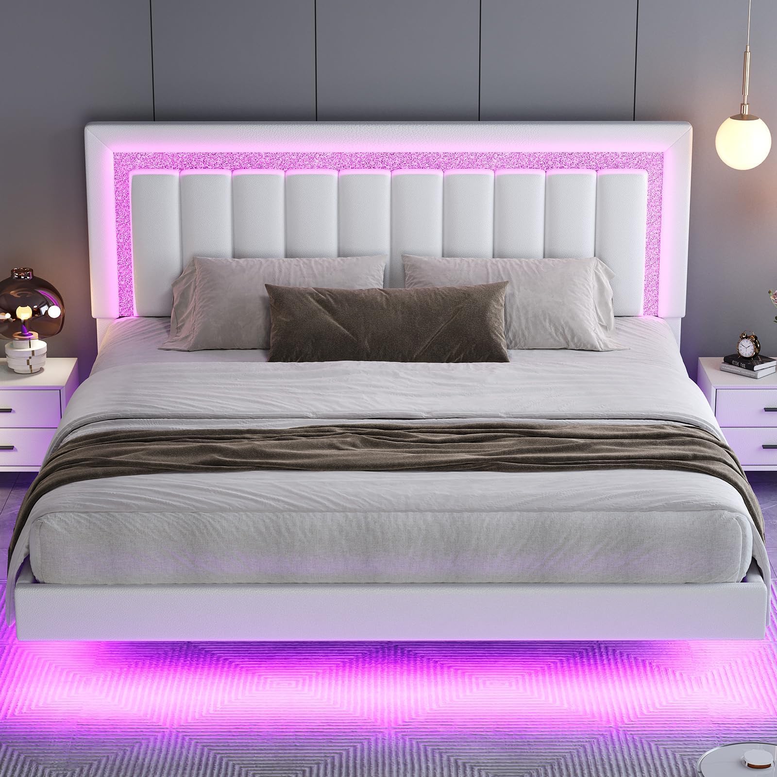 HOMBCK Floating Bed Frame King with Smart LED Lights, Faux Leather Upholstered Bed with Diamond PU Headboard, No Box Spring Needed, Noise-Free, Easy