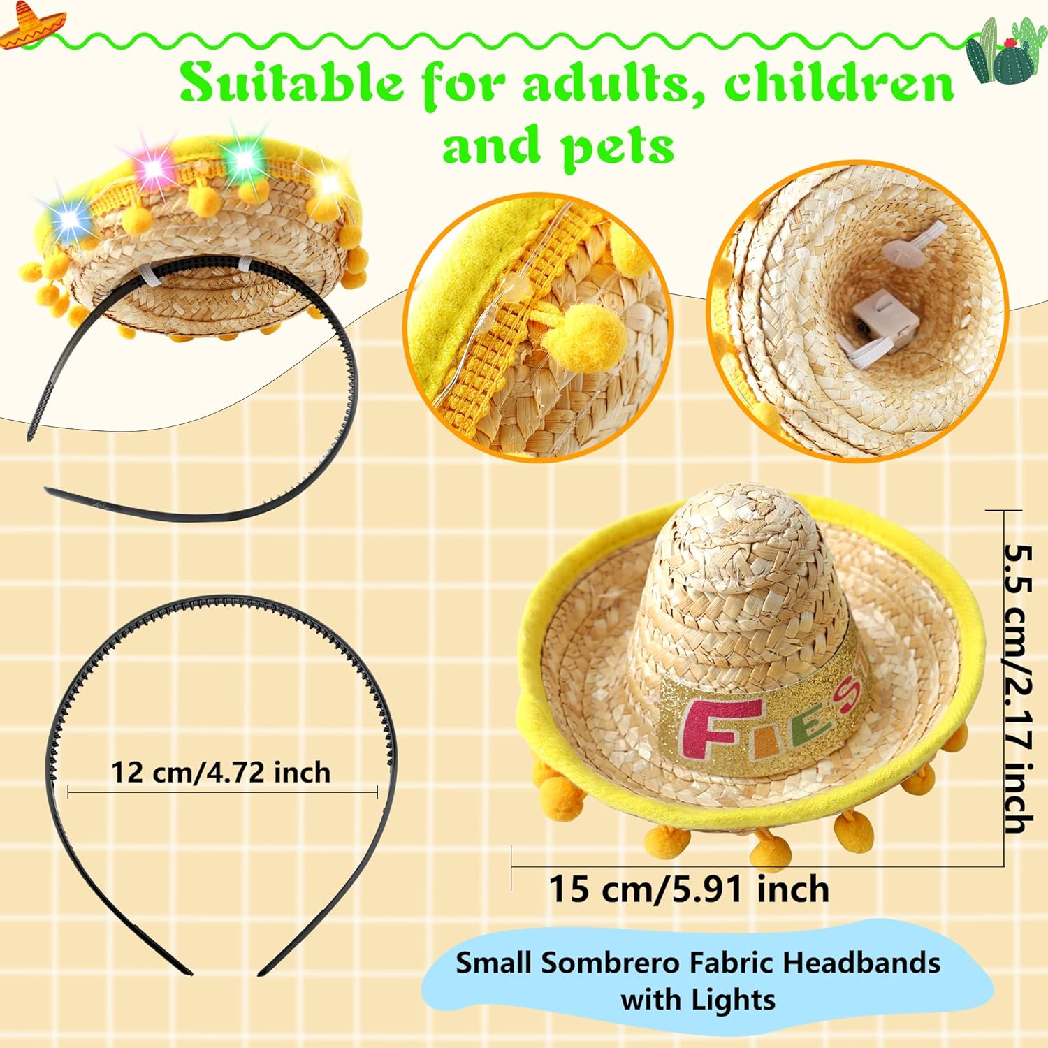9 Pcs Light up Cinco De Mayo Fiesta Headbands Led Mexican Sombrero Headbands Small Sombrero Fabric Headbands with Lights for Luau Event Photo Props Mexican Party Favors Decos