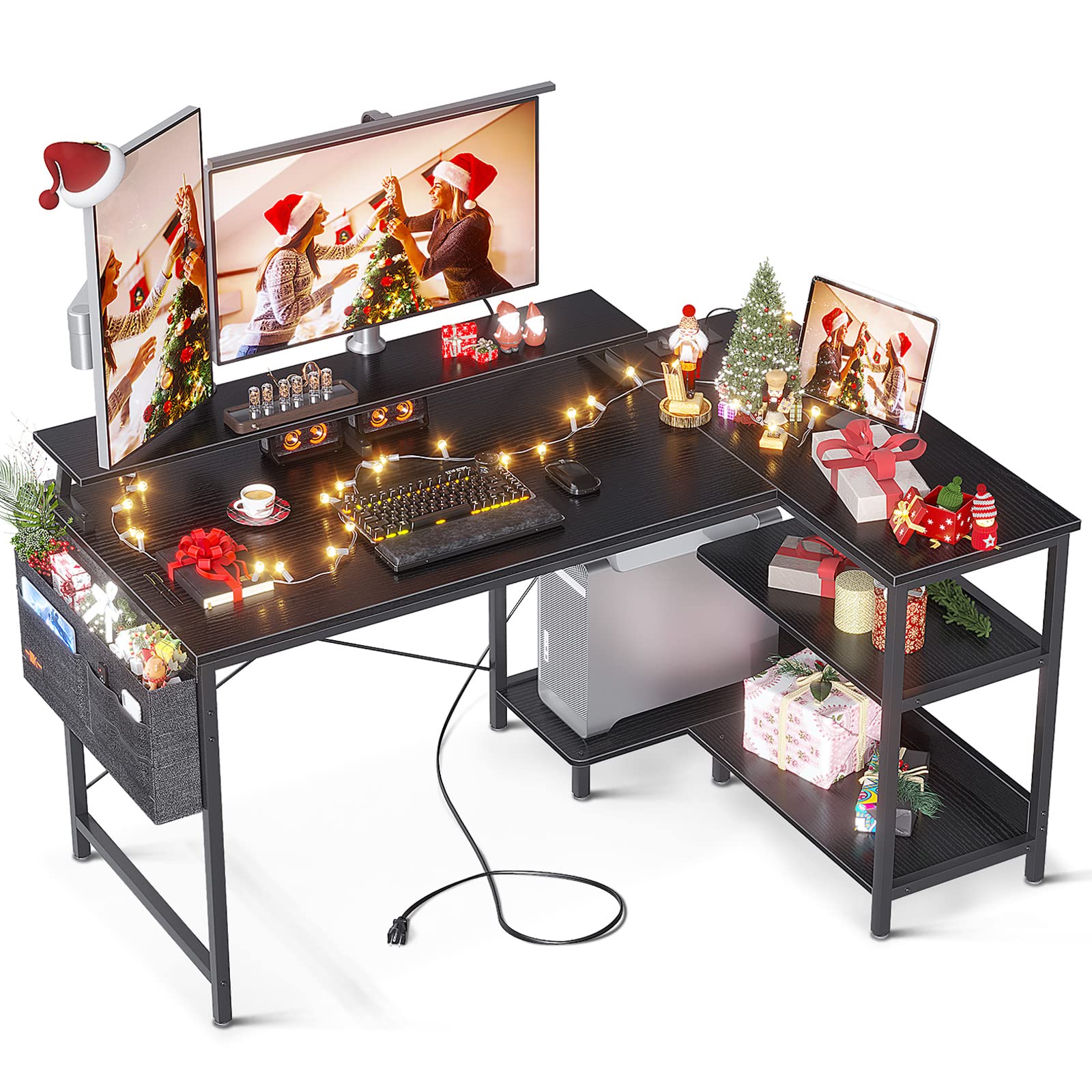 Photo 1 of ODK L Shaped 48 Inch Computer Desk with USB Charging Port & Power Outlet, L-Shaped Corner Desk with Storage Shelves & Monitor Shelf for Home Office Workstation, Modern Writing Table, Black Black 48 inch