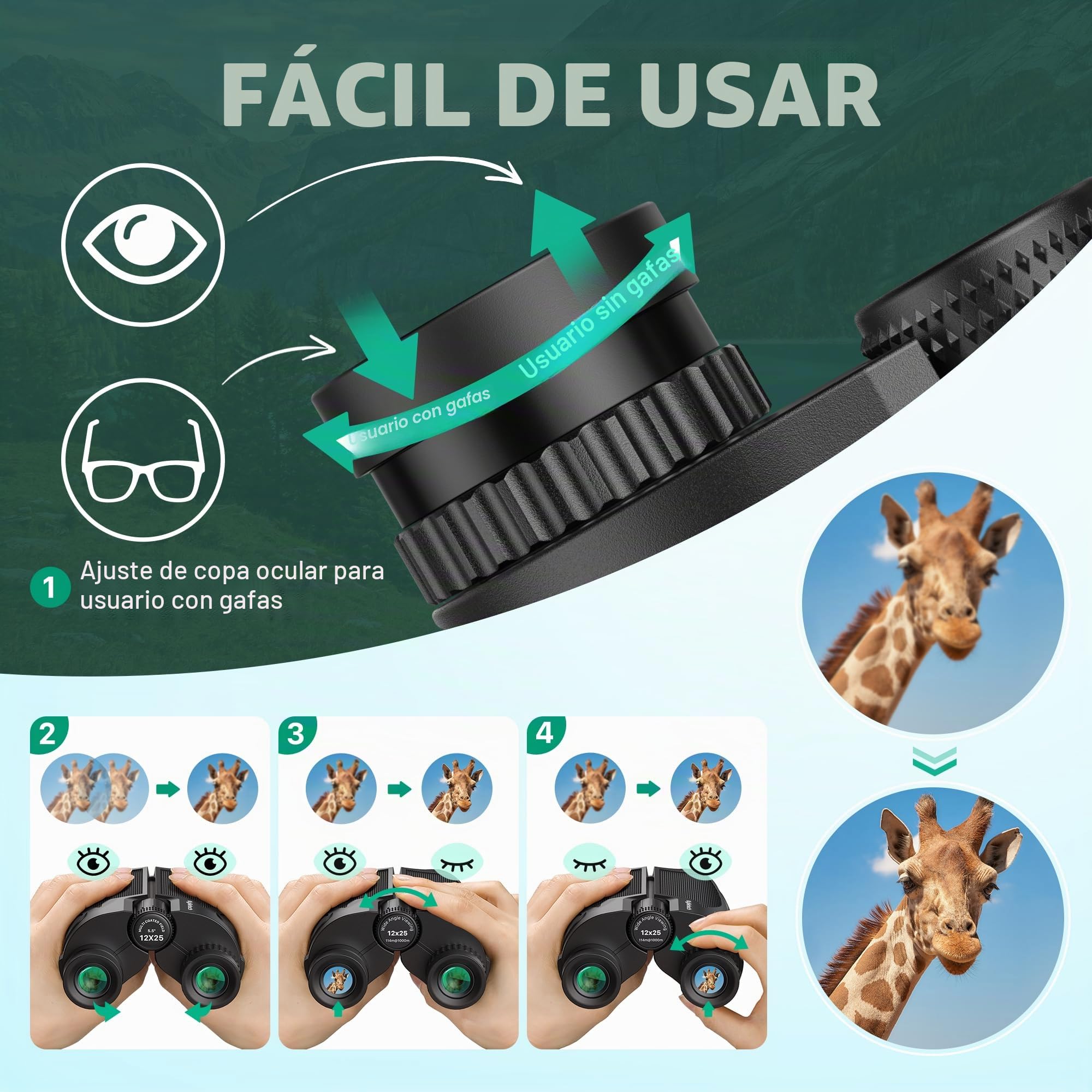 Kylietech Prismaticos Compactos 12 x 25, Prismáticos Ligeros para Adultos y Niños, óptica FMC Multi-Coated y Prismas BAK-4, Ideales para Deportes al Aire Libre, Viajes y Caza, Conciertos